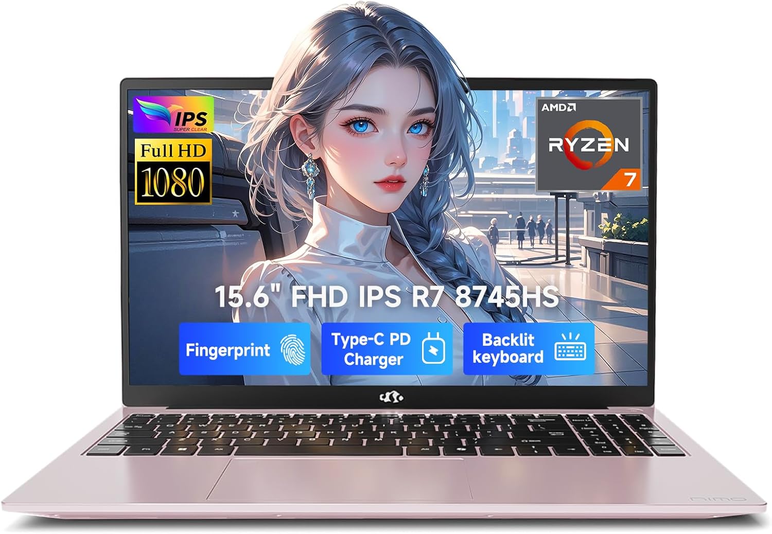 NIMO 15.6" IPS FHD-Gaming-Laptop, AMD Ryzen 7 8745HS 32GB DDR5 RAM 1TB SSD (8C/16T, up to 4.9GHz) Radeon 780M Graphics Business Computer with 100W Type-C Backlit Keyboard, Fingerprint USB-C 4.0
