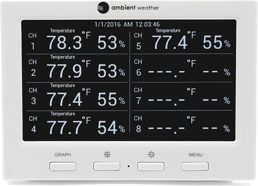 Ambient Weather WS-3000-X3 Thermo-Hygrometer Wireless Monitor w/ 3 Remote Sensors - Logging, Graphing, Alarming, Radio Controlled Clock