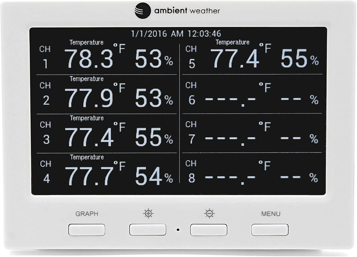 Ambient Weather WS-3000-X3 Thermo-Hygrometer Wireless Monitor w/ 3 Remote Sensors - Logging, Graphing, Alarming, Radio Controlled Clock