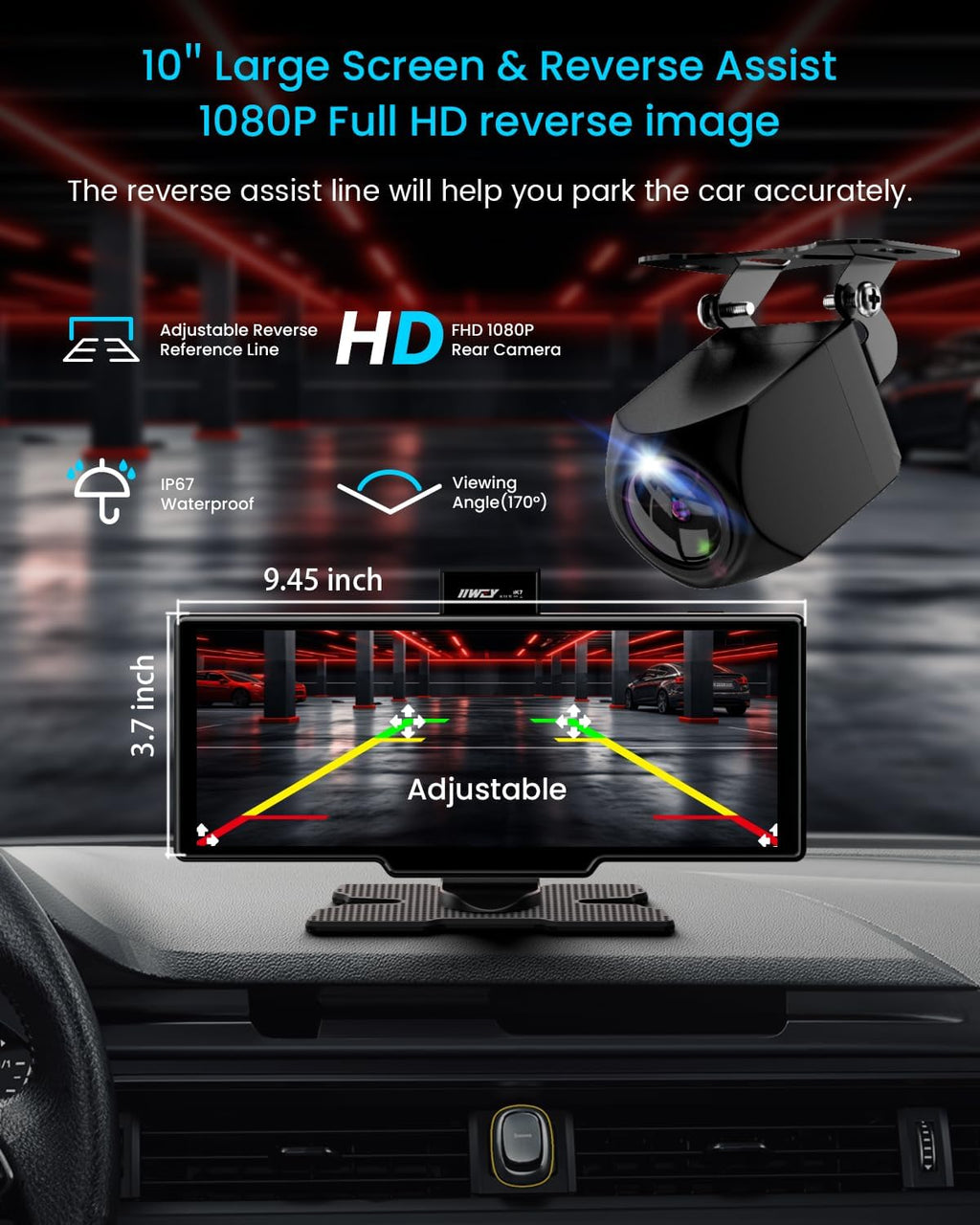 Portable Apple Carplay Screen, 10'' Car Stereo Wireless Car Play & Android Auto Touch Screen, 4K Dash Cam, 1080P Backup Camera, Mirror Link/Voice Control/Music Play/GPS Navigation