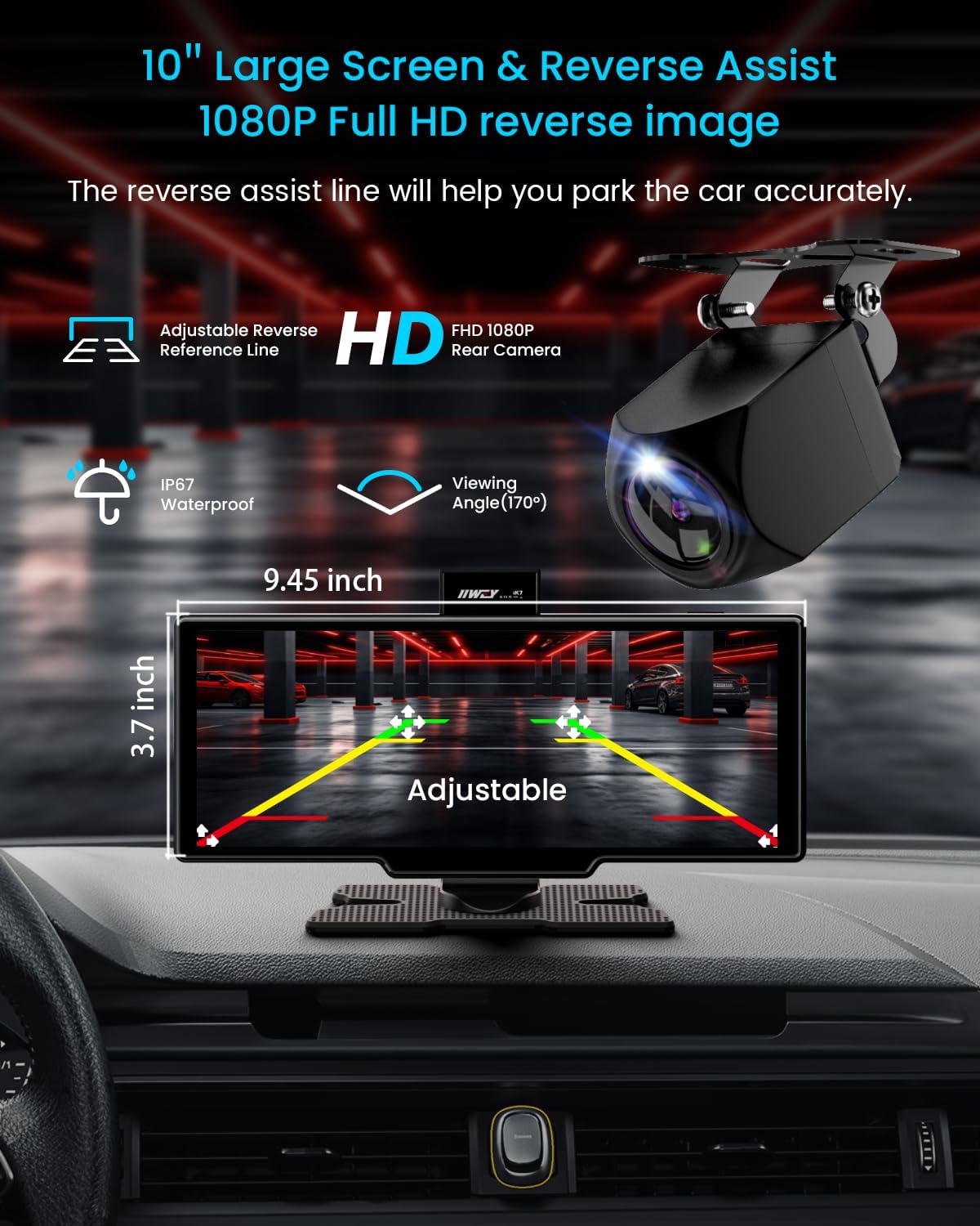Portable Apple Carplay Screen, 10'' Car Stereo Wireless Car Play & Android Auto Touch Screen, 4K Dash Cam, 1080P Backup Camera, Mirror Link/Voice Control/Music Play/GPS Navigation