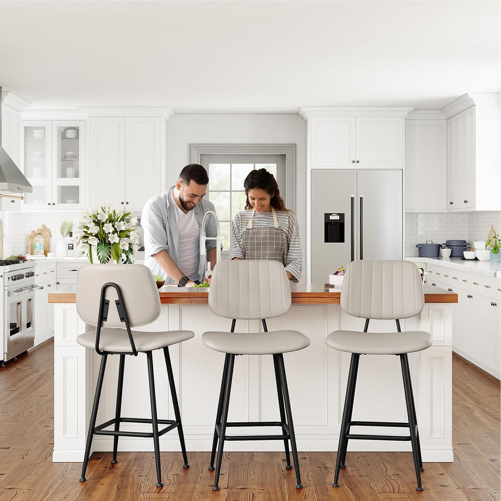Raynesys 24-Inch Leather Bar Stools Set of 3, Counter Height Barstools with High Backrest .Bar Chairs for Kitchen Island with Heavy Duty Metal Base, Beige