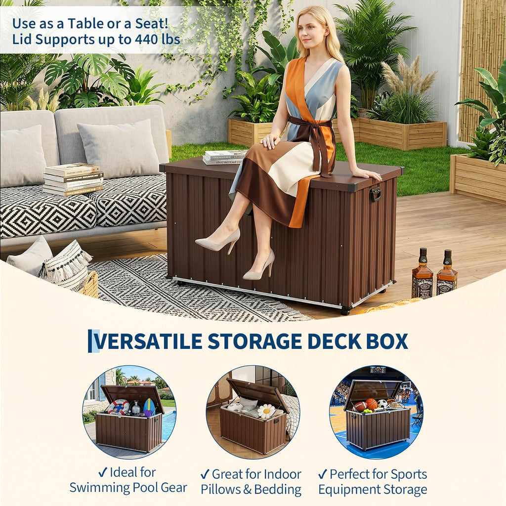 Metal Deck Box 150 Gallon Waterproof Patio Storage Container, Metal Outdoor Storage Box with 0.6 mm Galvanized Steel and 0.3 mm Coated Steel Panels, Large Bin with Wheels for Deck, Porch, Pools