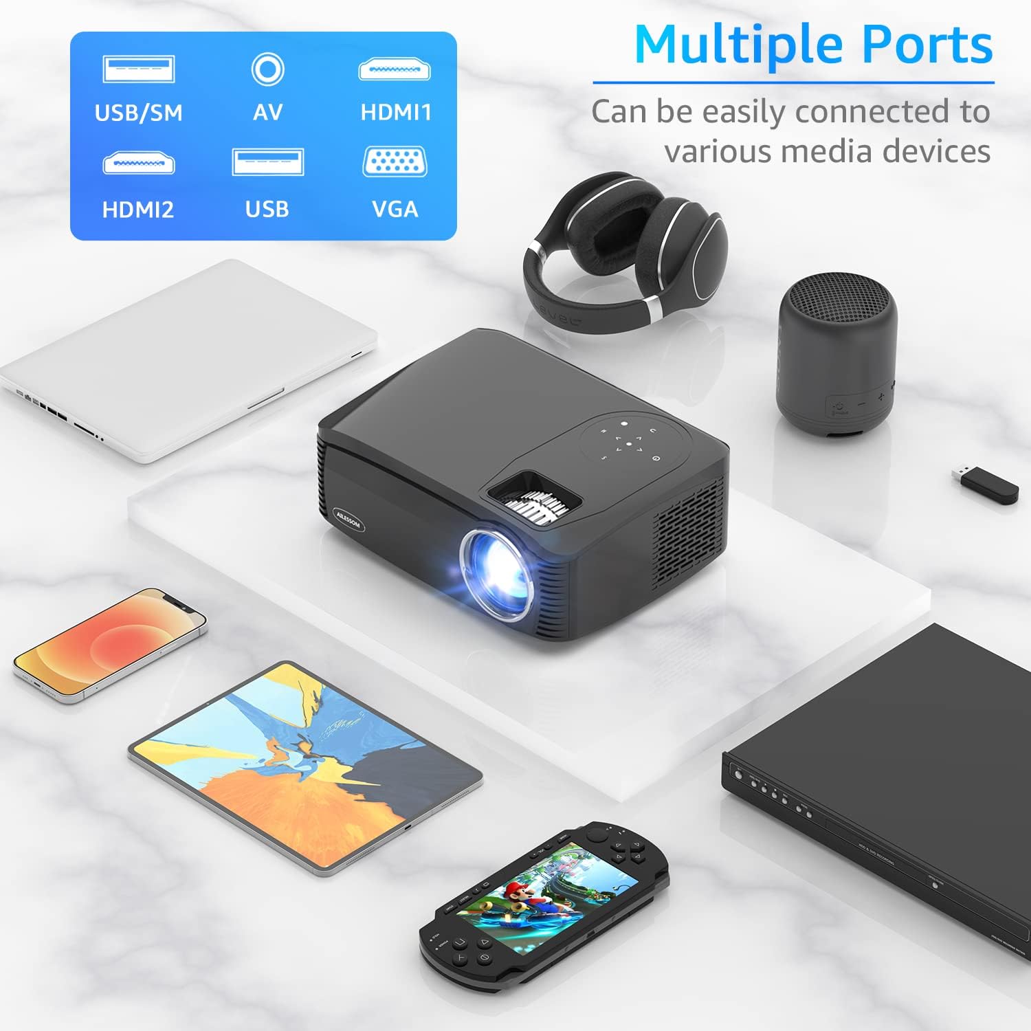 Native 1080P 5G WiFi Bluetooth Projector, AILESSOM 20000LM 450" Display Support 4K Movie Projector, High Brightness for Home Theater and Business, Compatible with iOS/Android/TV Stick/PS4/HDMI/PPT/USB