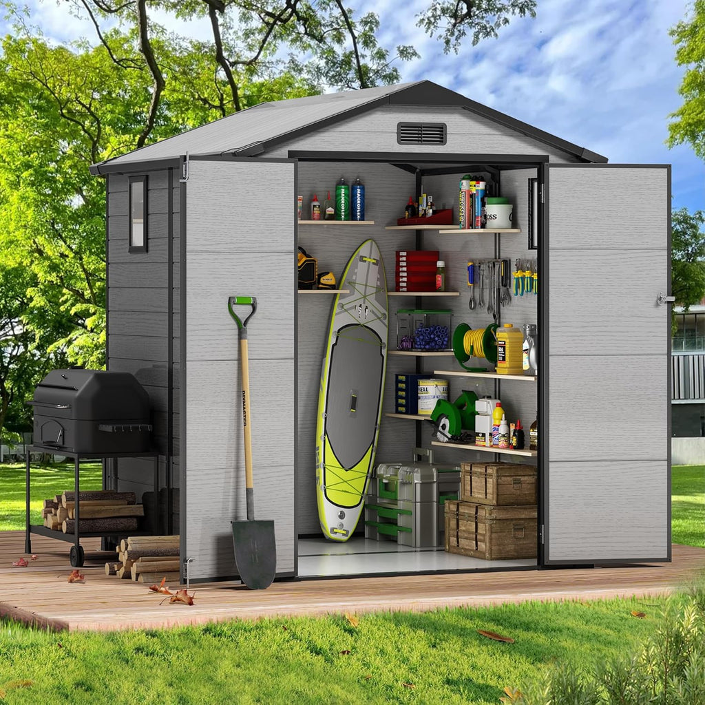 5.8x5.6 FT Plastic Outdoor Storage Shed with Transparent Roof, Easy Assembly Resin Shed with Floor & Windows Lockable Double Doors Shed for Your Backyard Garden Patio Lawn