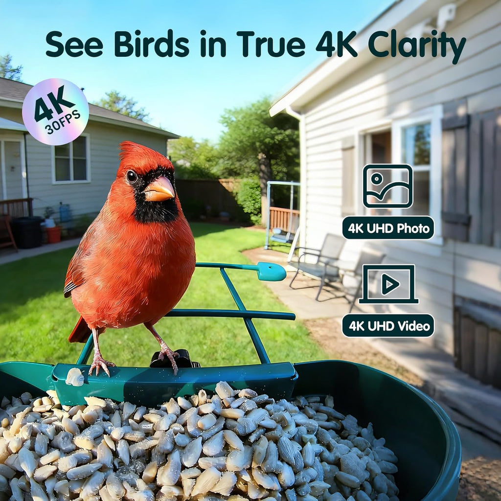 Bird Feeder with Camera, 4K Ultra HD Video with 30fps Live View, 10x Slow Motion, No Subscription, Solar Powered AI Smart Bird Feeder with Camera, 2.4G/5G Wi-Fi, Durable Metal,Bird Lover Gift