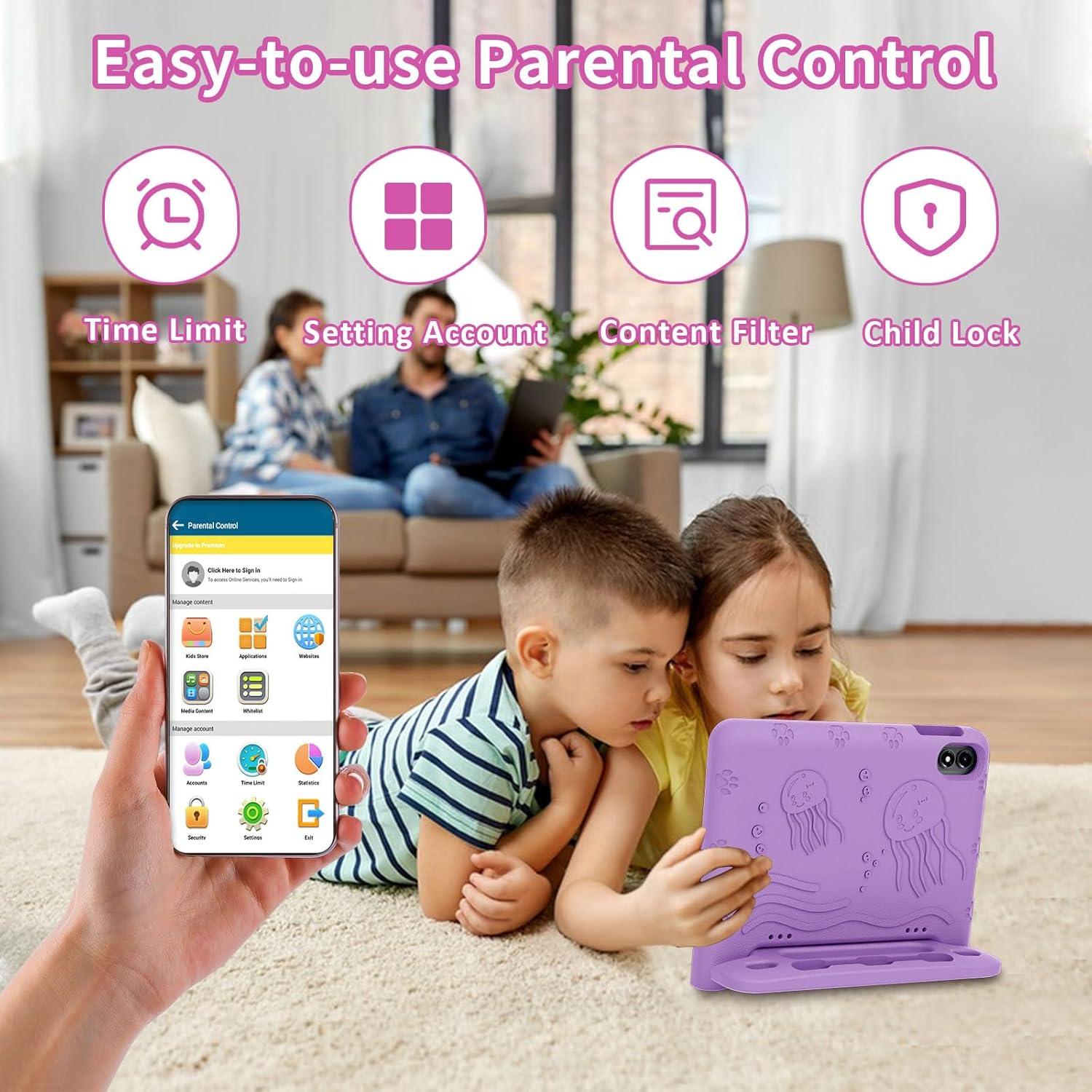 WXUNJA Android 15 Kids Tablet, 2025 Upgraded 10.1 Inch Tablets with Octa-core Processor, 6000mAh Battery, Kid Space, Parental Control,Pre-Loaded Kids Apps, 2.4/5GHZ Dual WiFi, Case Included, Purple