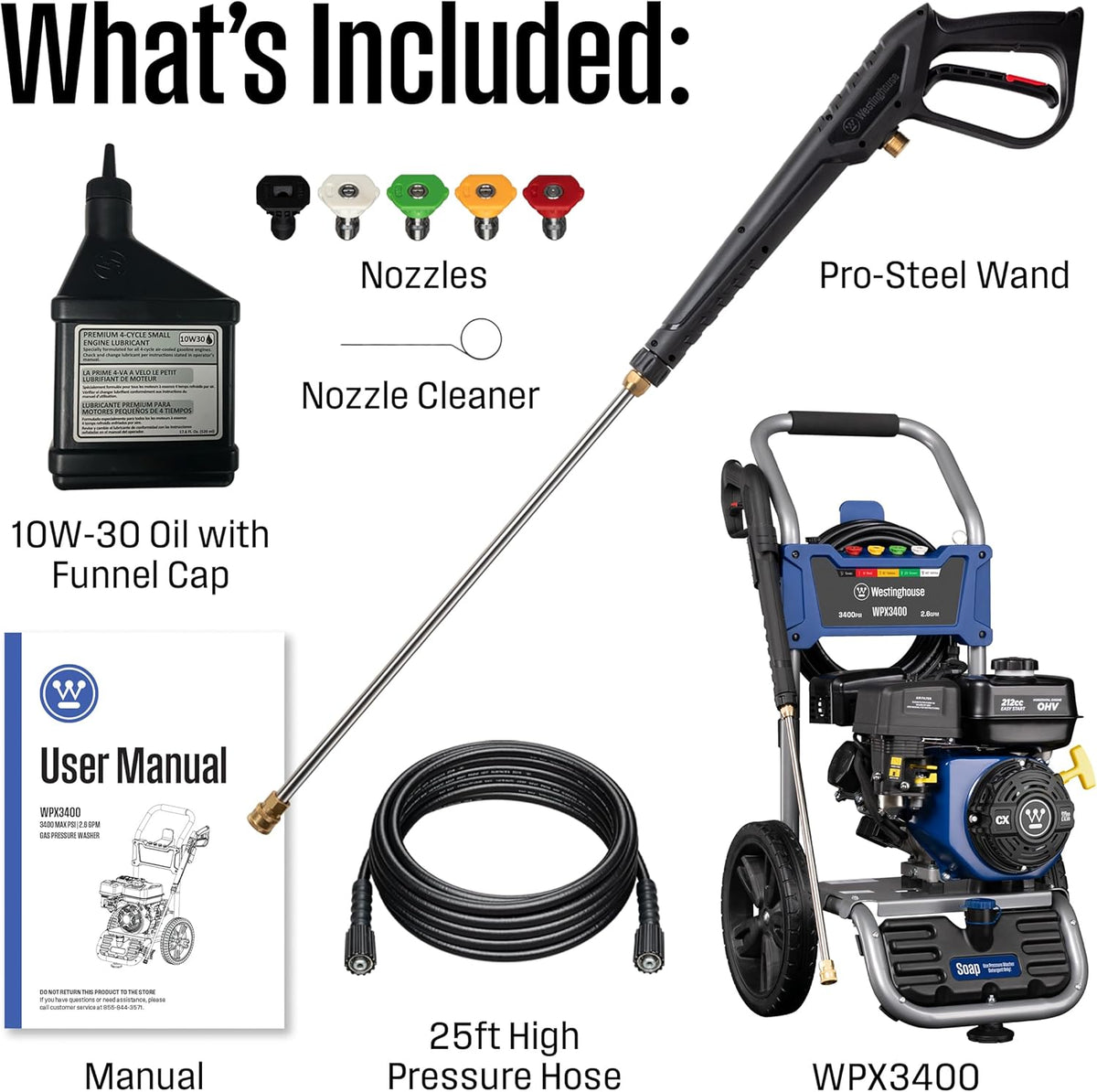 Westinghouse WPX3400 Gas Pressure Washer, 3400 PSI and 2.6 GPM, Onboard Soap Tank, Spray Gun and Wand, 5 Nozzle Set, for Cars/Fences/Driveways/Homes/Patios/Furniture