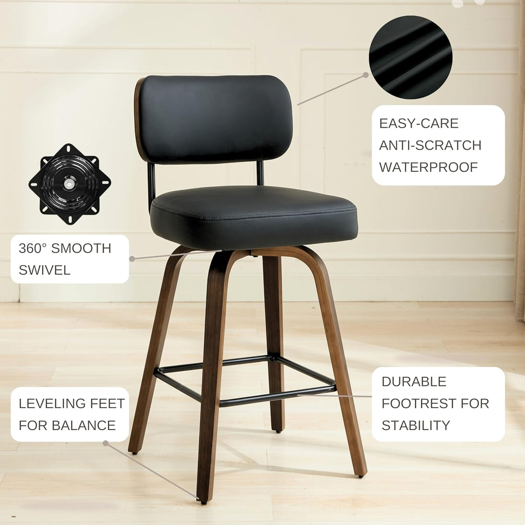Swivel Bar Stools Set of 3, 26" Upholstered Counter Height Bar Stools with Back and Walnut Wood Legs, Faux Leather Barstools for Kitchen Counter, Black