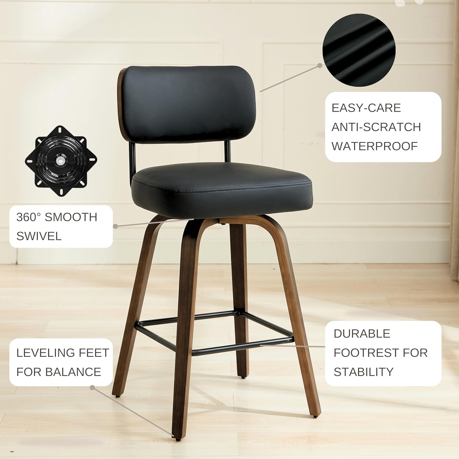 Swivel Bar Stools Set of 3, 26" Upholstered Counter Height Bar Stools with Back and Walnut Wood Legs, Faux Leather Barstools for Kitchen Counter, Black