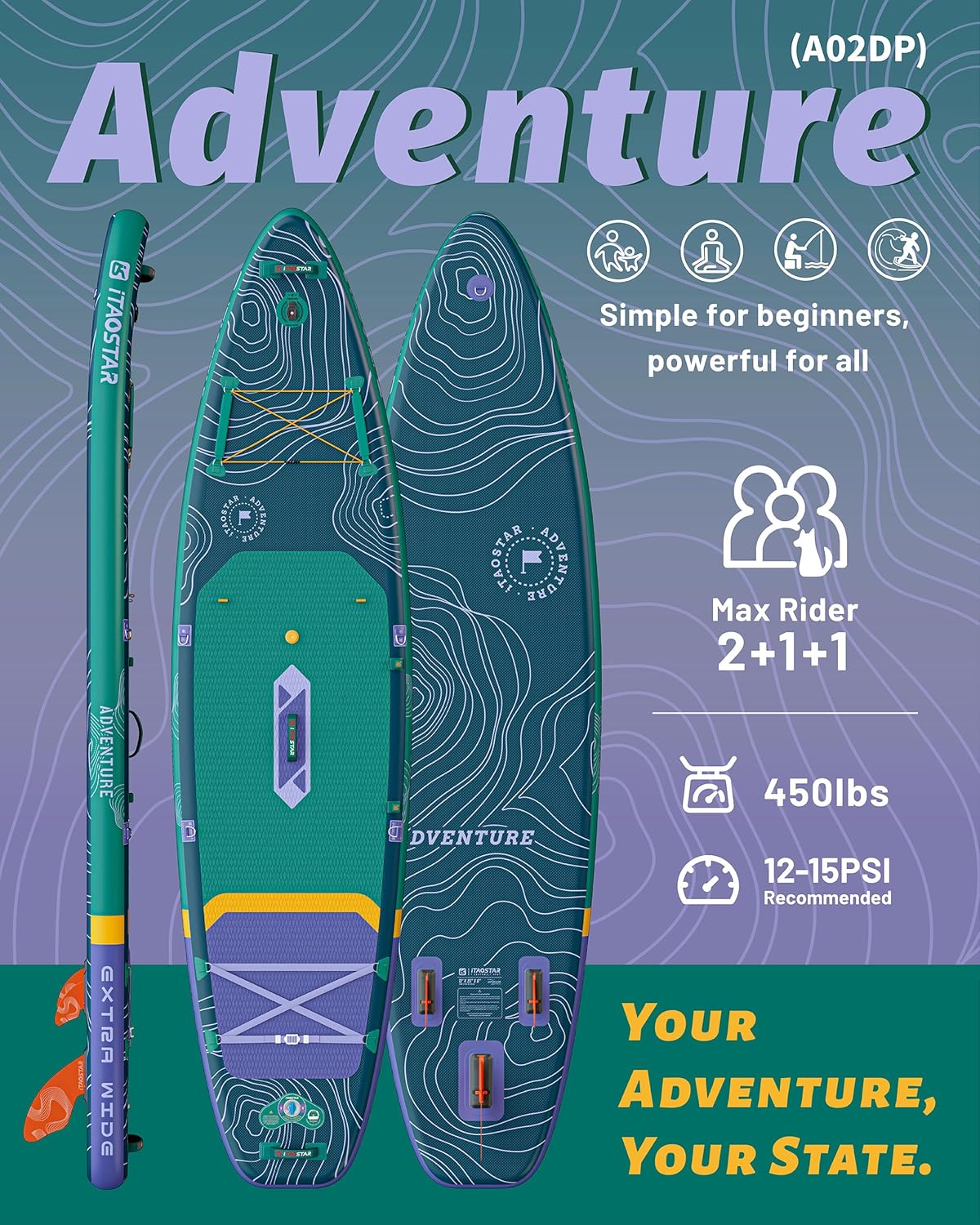 iTAOSTAR Adventure 12' × 35"/39" Inflatable Stand Up Paddle Board with Seat, Extra Wide SUP Board with 5 Fins Stable Design for Adults, Youth, All Skill Levels, Lakes, Oceans & Fishing