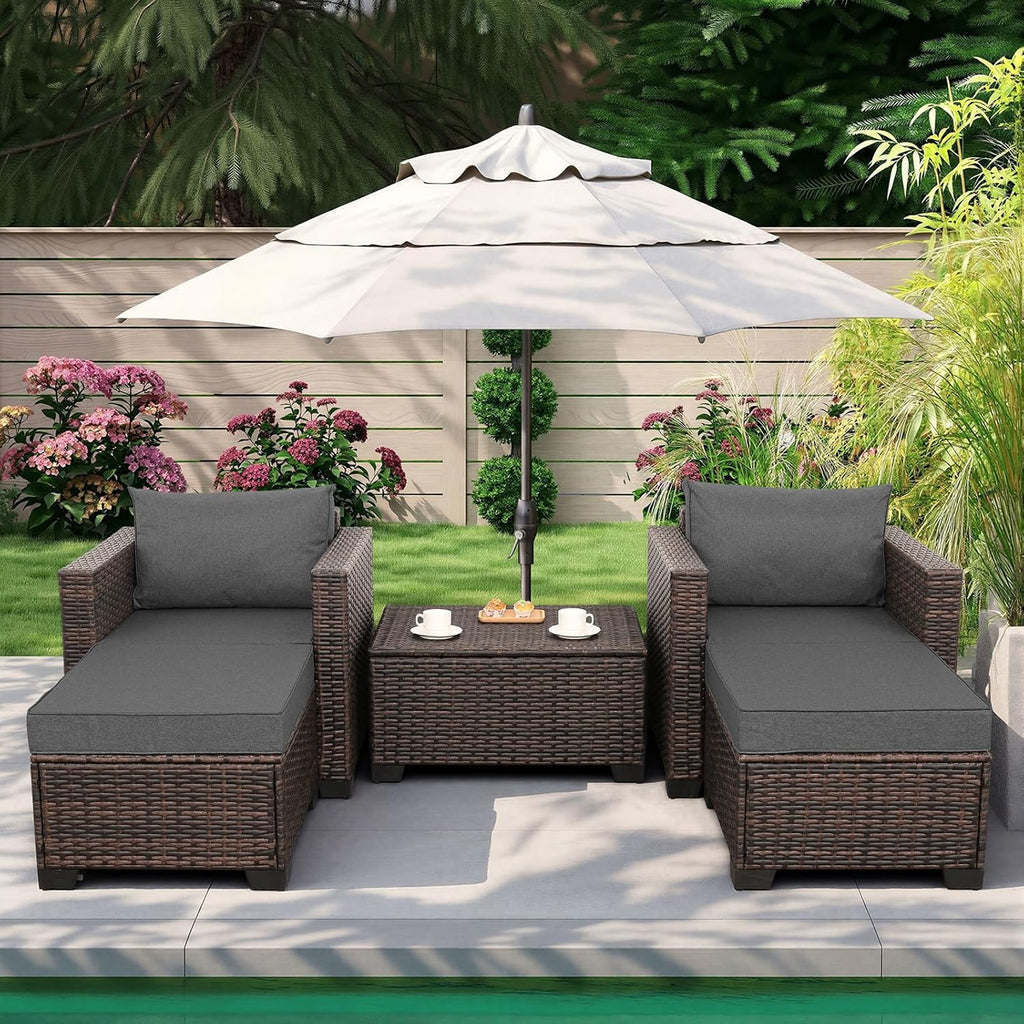 Valita 5 Pieces HDPE Wicker Outdoor Furniture Set Patio Chaise Lounge 2 of Set with Storage Table and Non-Slip Cushions Waterproof Covers, Dark Grey