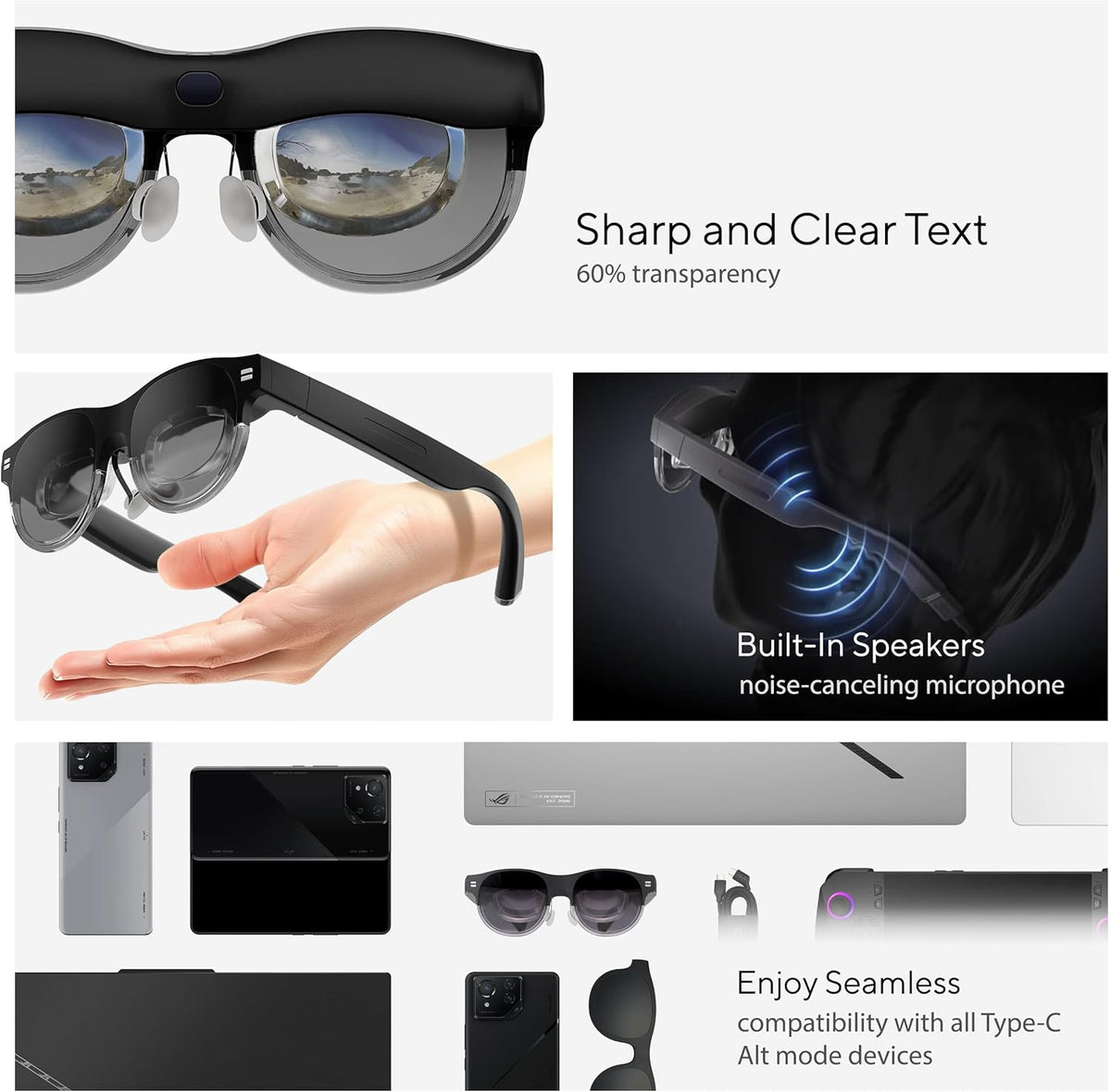 ASUS AirVision M1 Smart AR Glasses - 100" Micro-OLED Wearable Display, 1100 nits, Multi-Screen, Speakers, USB-C, Magnetic Shade, Designed for ROG Ally/Steam Deck/PC/iPhone 16/15/Android/Mac/Tablet