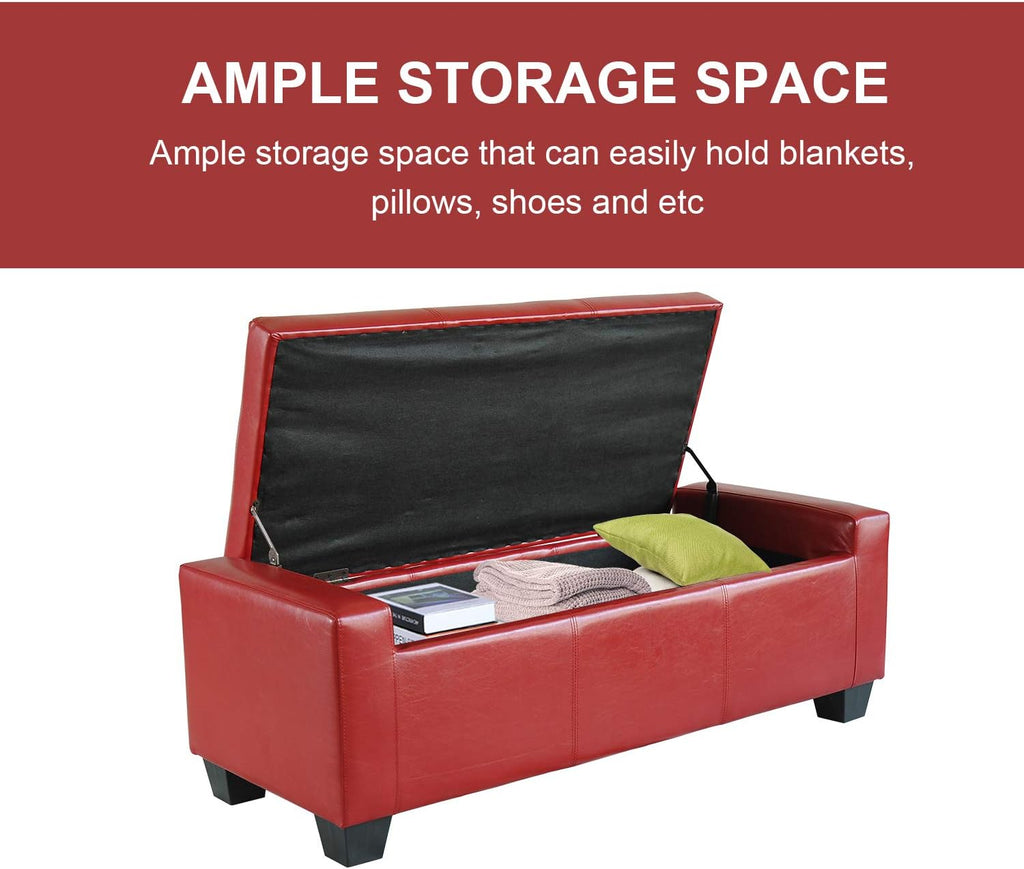 HOMCOM 51" Ottoman with Storage, Storage Ottoman Bench with Safty Hinge, Faux Leather Upholstered Entryway Bench with Seating for Living Room, Bedroom, Holds up to 330 lb, Bright Red