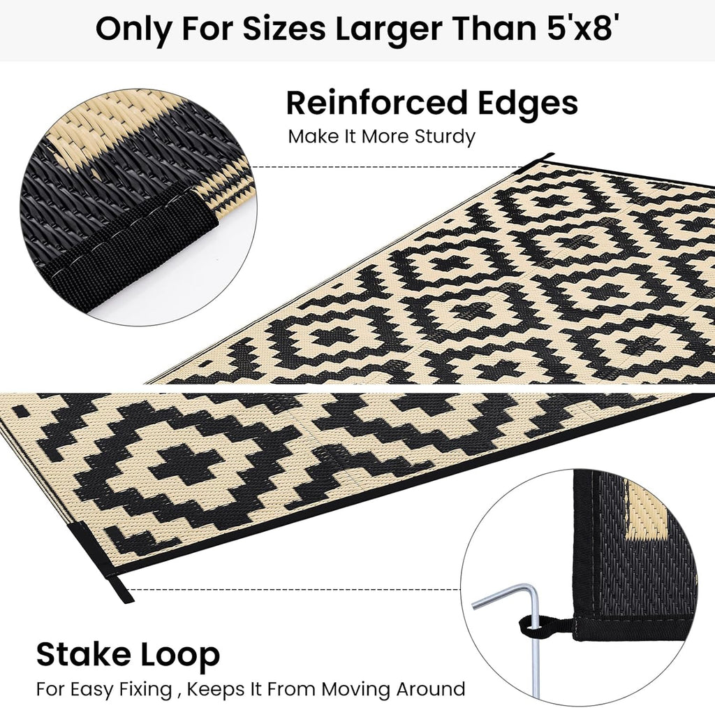 Smiry Waterproof Outdoor Rug 9x12 ft, Reversible Plastic Straw Patio Camping Rugs, Outdoor Indoor RV Mat Carpet for Patio, Outside Entry, Backyard, Deck, Bench, Picnic, Camper, Black & Beige