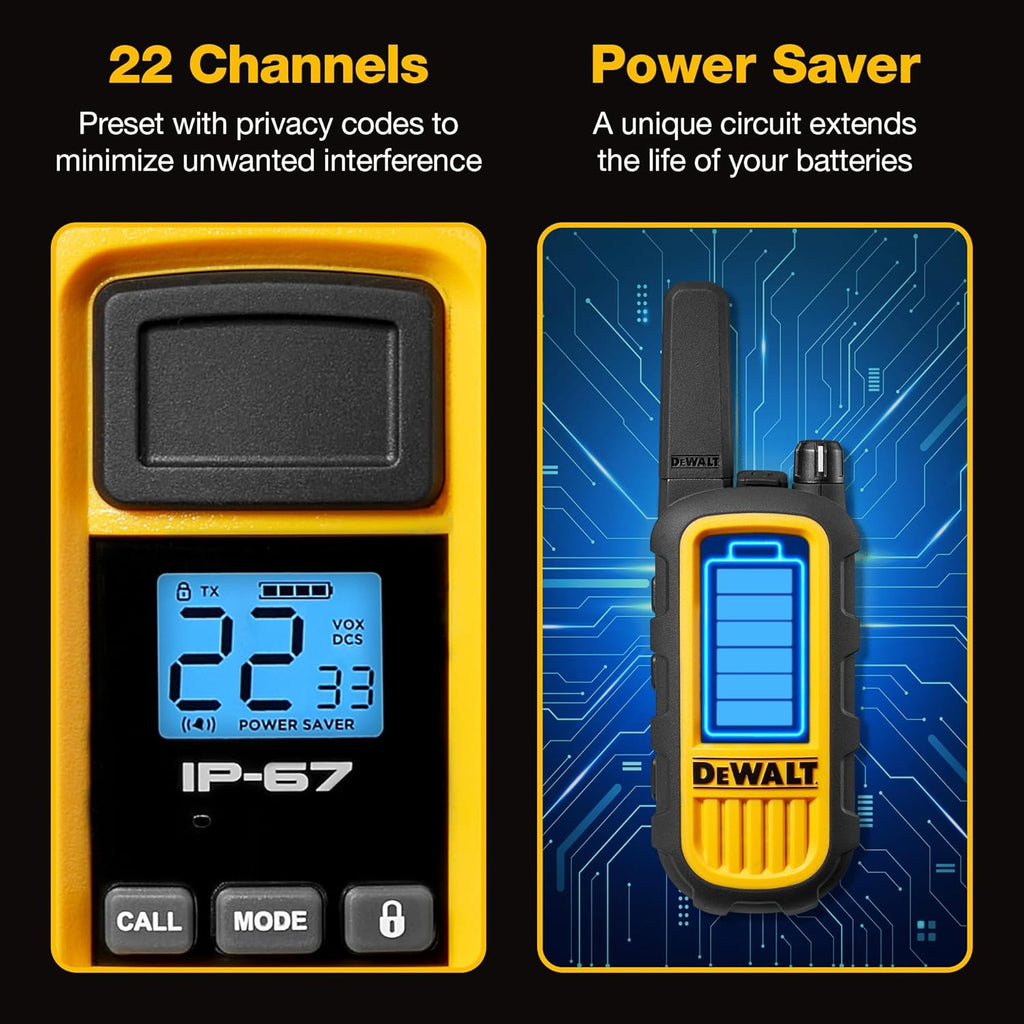 DEWALT DXFRS800 FRS Walkie Talkies, Long Range 2 Way Radio, 2W, IP67 Waterproof, Rechargeable, 2 Pack, DXFRS800