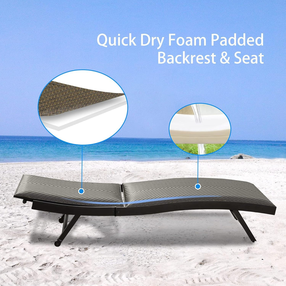 Domi 3 PCS Outdoor Chaise Lounge Set, Aluminum Patio Padded Quick Dry Foam Wicker Lounge Chair with Adjustable Back for Beach Poolside Lawn Sunbathing (2 Chairs W/Table)