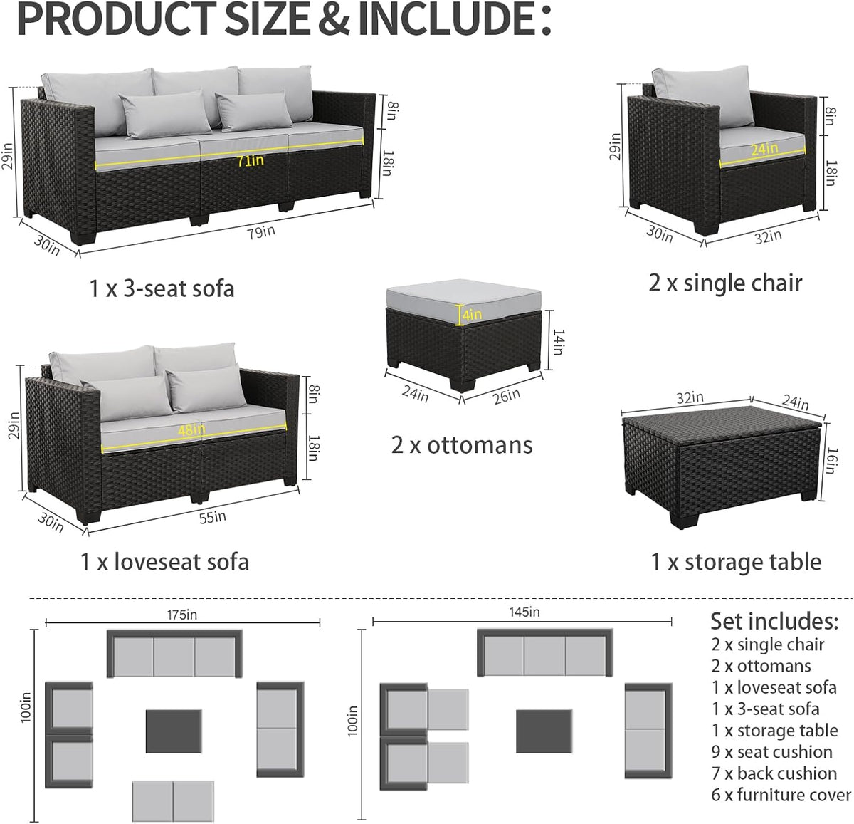 Rattaner Patio Furniture Sets 7 Pieces Outdoor Furniture Sectional Patio Couches Set with Storage Table Light Grey Cushions