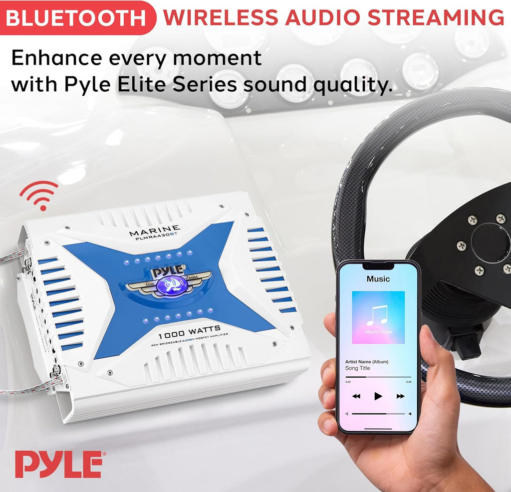 2.1 Bluetooth Marine Amplifier Receiver - Waterproof 4 Channel Wireless Bridgeable Audio Amp for Stereo Speaker with 1000 Watt Power Dual MOSFET Supply, GAIN Level and LED Indicator - Pyle PLMRA430BT