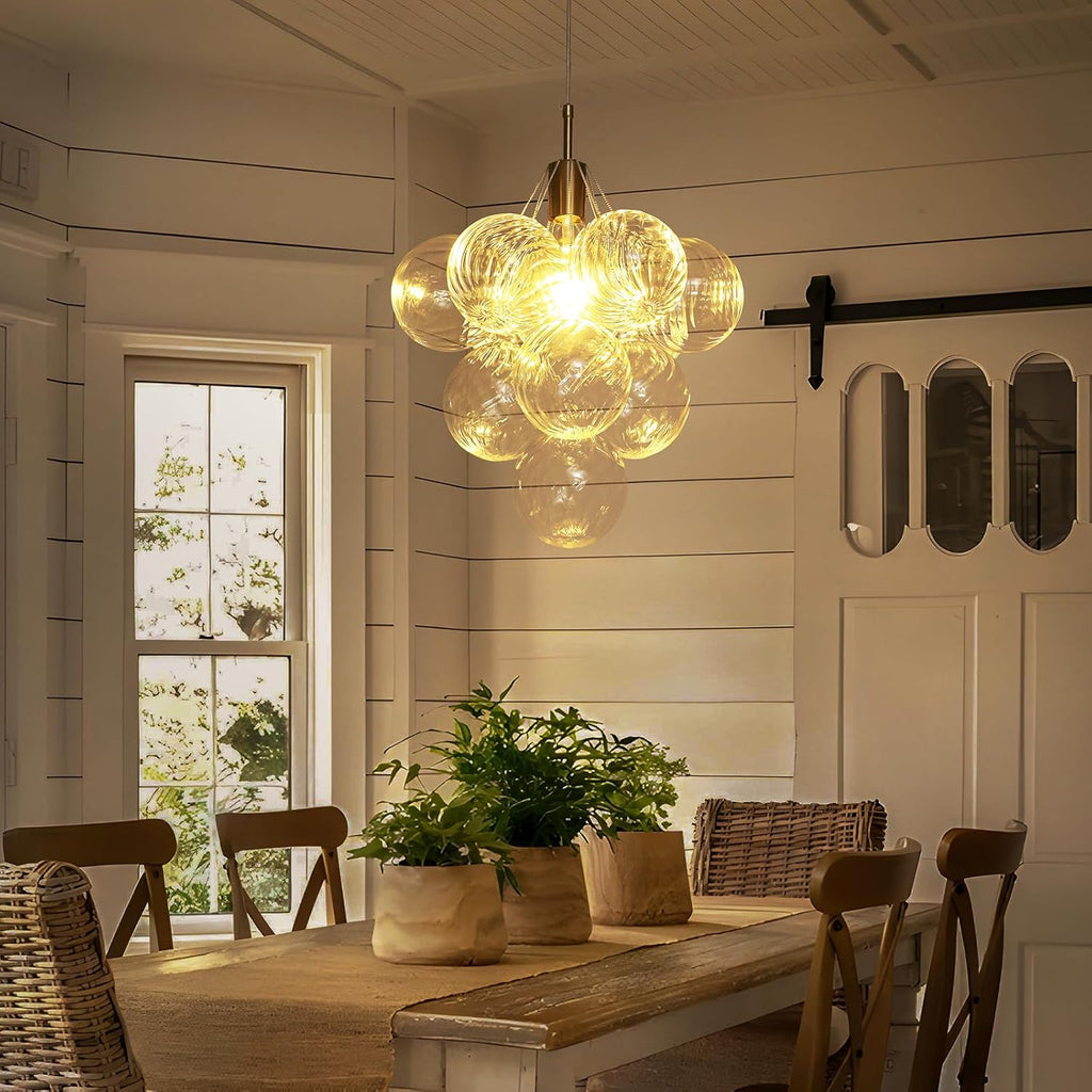 Dining Room Chandelier 14.17", Modern Brushed Gold Pendant Light Bubble Ceiling Light Chandelier Vintage Hanging Light Fixtures with 10 Swirled Glass Globe for Foyer Bedroom Kitchen, Include E26 Bulb