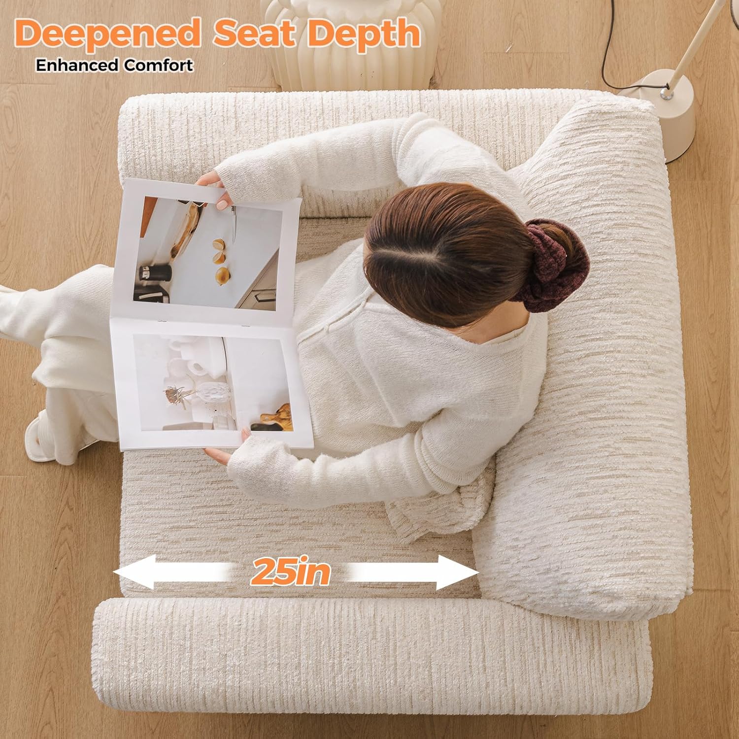 38'' Accent Chair with Under Seat Storage,Comfy Armchair with 25in Deep Seat,Large Chair with Lumbar Pillow,Upholstered Sofa Chair for Living Room,Bedroom,Reading Chair,Chenille,White