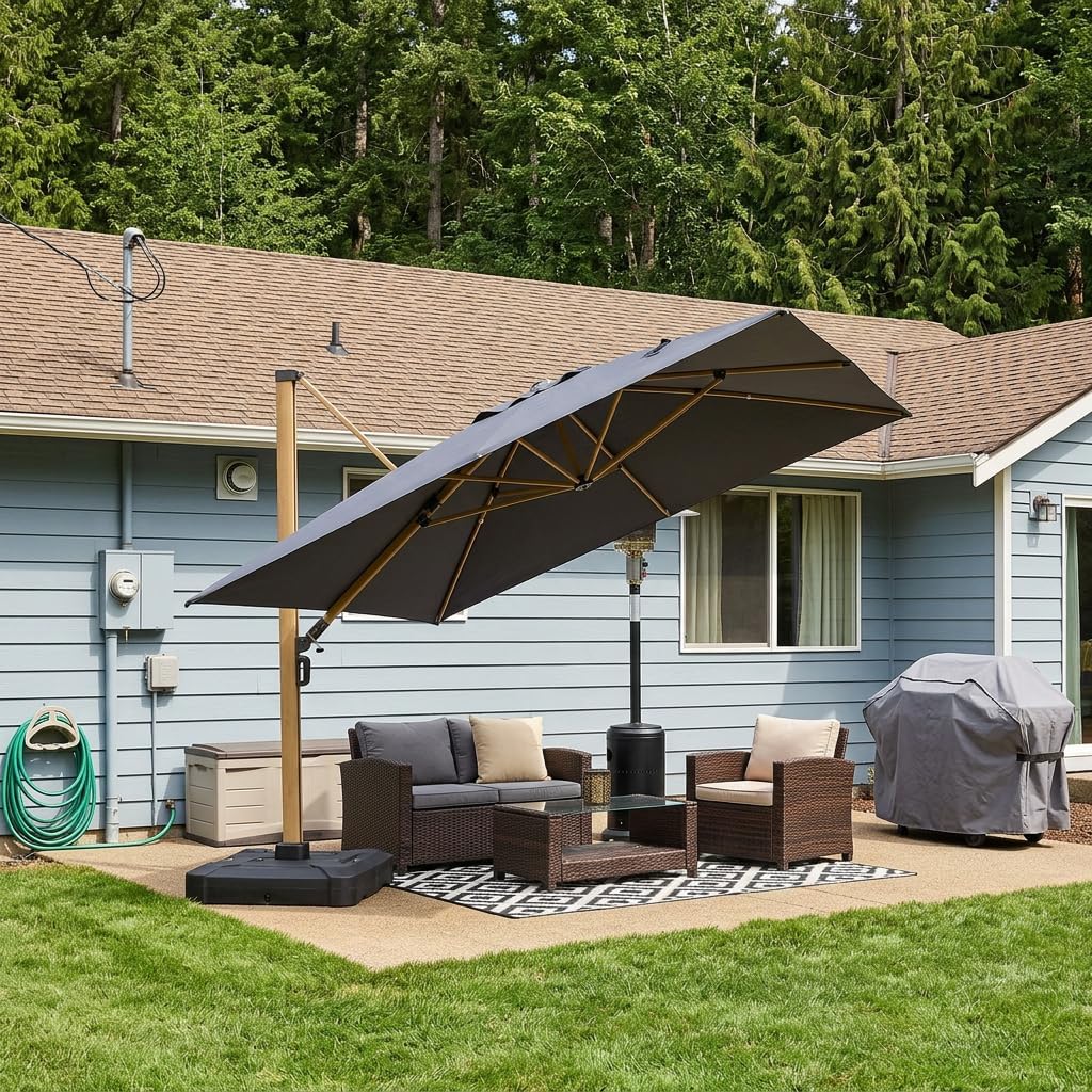 PURPLE LEAF 11FT Patio Umbrella Square Cantilever Umbrella Teak Finished Aluminum Frame Large Windproof Offset Outdoor Sun Umbrellas for Beach Pool Deck, Grey