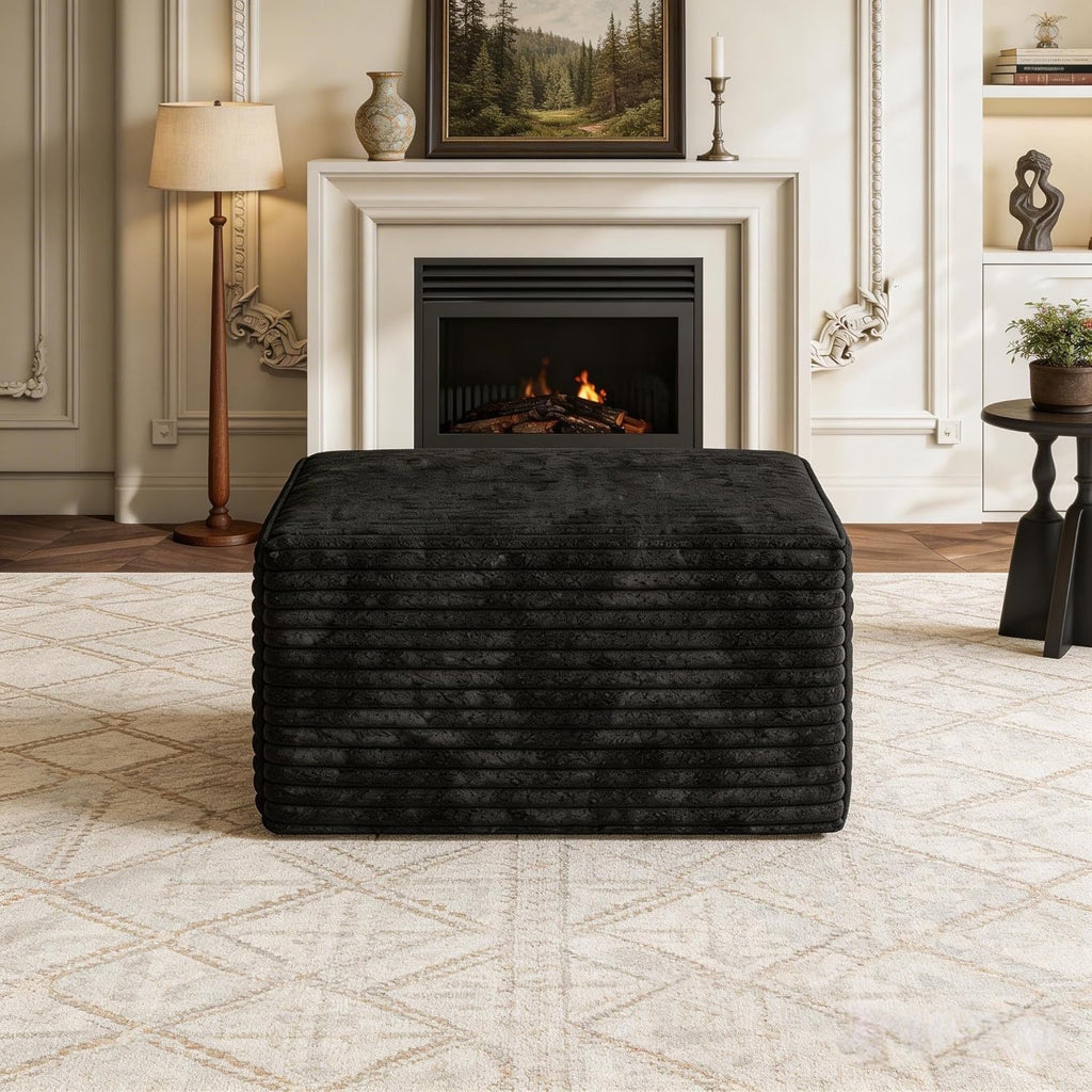 JINGLING 25.6 Inch Plush Corduroy Ottoman, Modular Sectional Foot Rest for Living Room, Upholstered Cloud Ottoman for Boneless Couch in a Box, Compressed Memory Foam, No Assembly Require, Black
