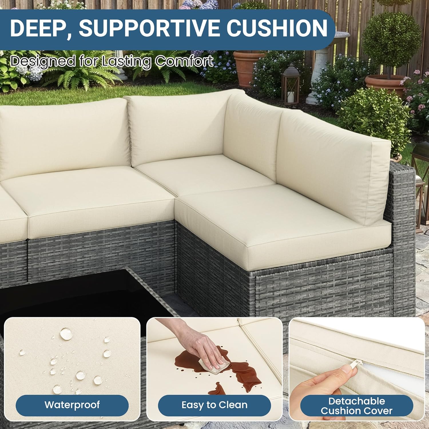 Wisteria Lane 7 Pieces Outdoor Patio Furniture Set, Wicker Outdoor Patio Sectional Sofas with Coffee Table, All-Weather Patio Conversation Set for Garden Backyard, Beige