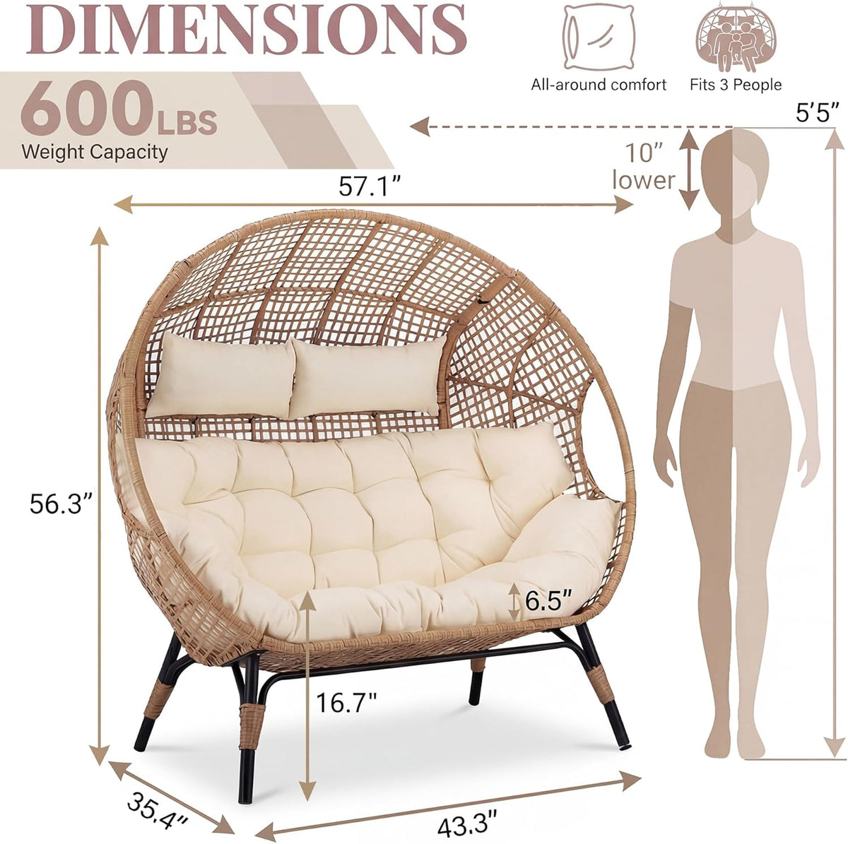 NICESOUL® Double Egg Chair Indoor Outdoor Stationary Oversized 6.5" Thick Padded Cushions,2 Person Egg Wicker Loveseat Chair, Extra Large Lounge Chair for Patio Balcony Porch Backyard Beige