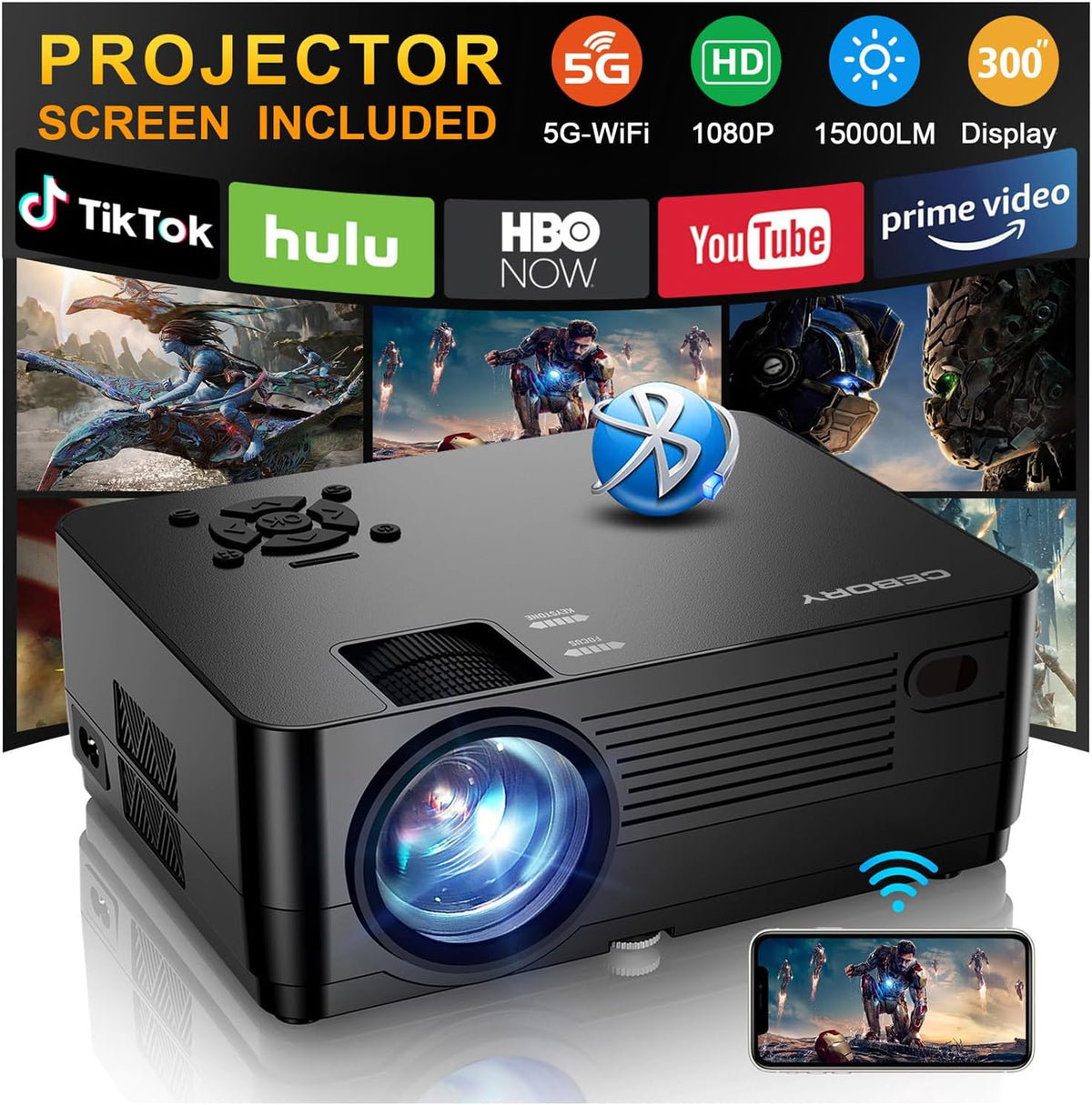 CEBORY Native 1080P Projector with Wifi and Bluetooth, 15000LM Full HD Movie Projector Include Screen and Carrying Bag,4K Proyectores Compatible with HDMIUSB/PHONE/Laptop, for Home, Bedroom, Outdoor