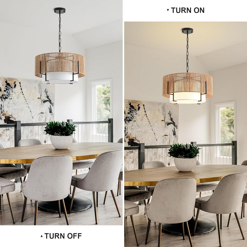 4-Light Rattan Chandelier, 19.7" Boho Pendant Light with Fabric Shade, Farmhouse Rattan Hanging Ceiling Light Fixture for Dining Room, Living Room, Kitchen Island, Bedroom, Hallway, Foyer
