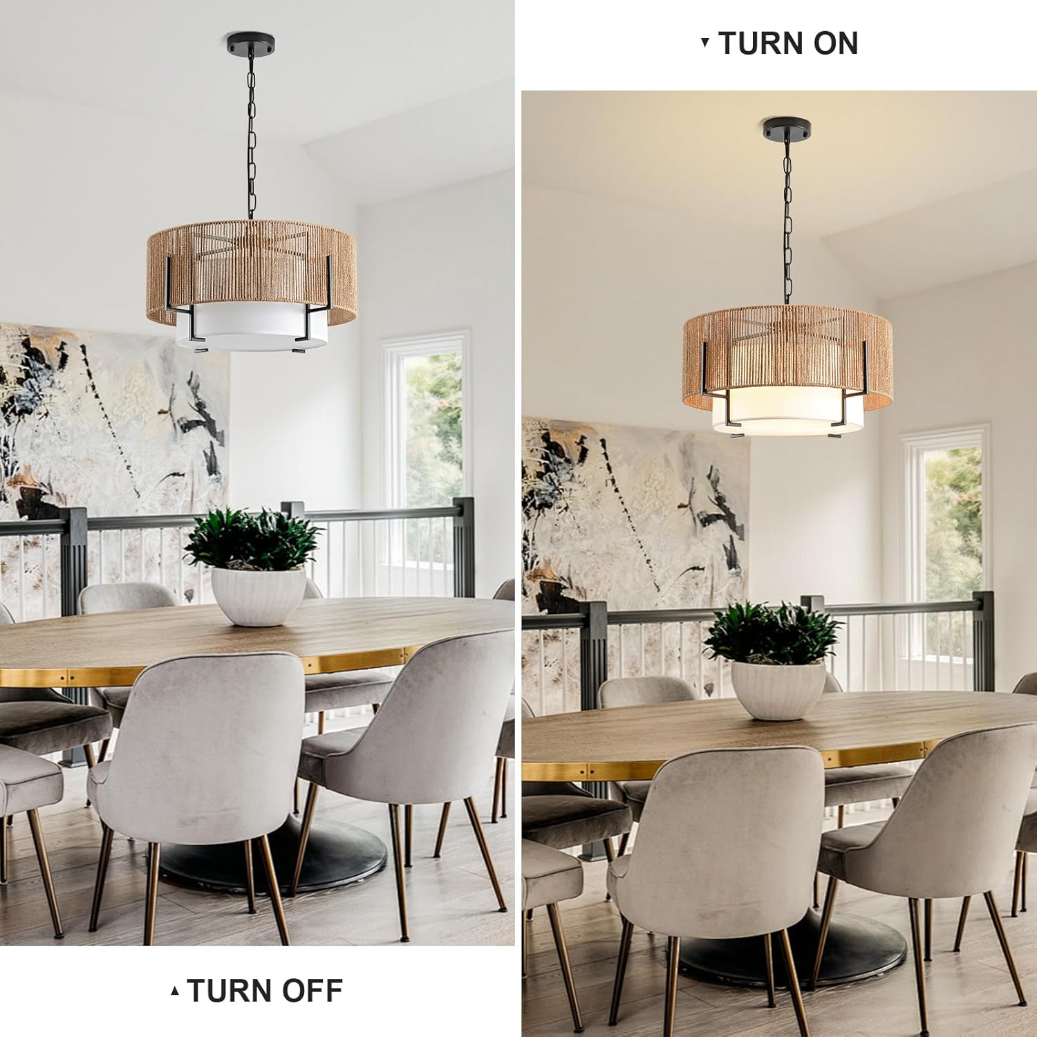 4-Light Rattan Chandelier, 19.7" Boho Pendant Light with Fabric Shade, Farmhouse Rattan Hanging Ceiling Light Fixture for Dining Room, Living Room, Kitchen Island, Bedroom, Hallway, Foyer