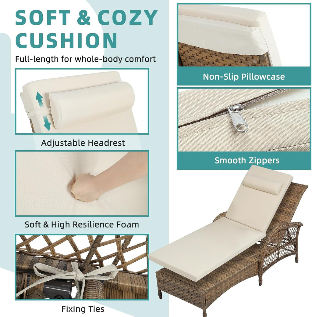 MEETWARM 3 Piece Outdoor Wicker Chaise Lounge Chair Set - Patio Lounge Chairs Set of 2 with Side Table, 6 Position Adjustable Pool Reclining Sunbathing Chair with Cushion, Armrest & Headrest, Beige