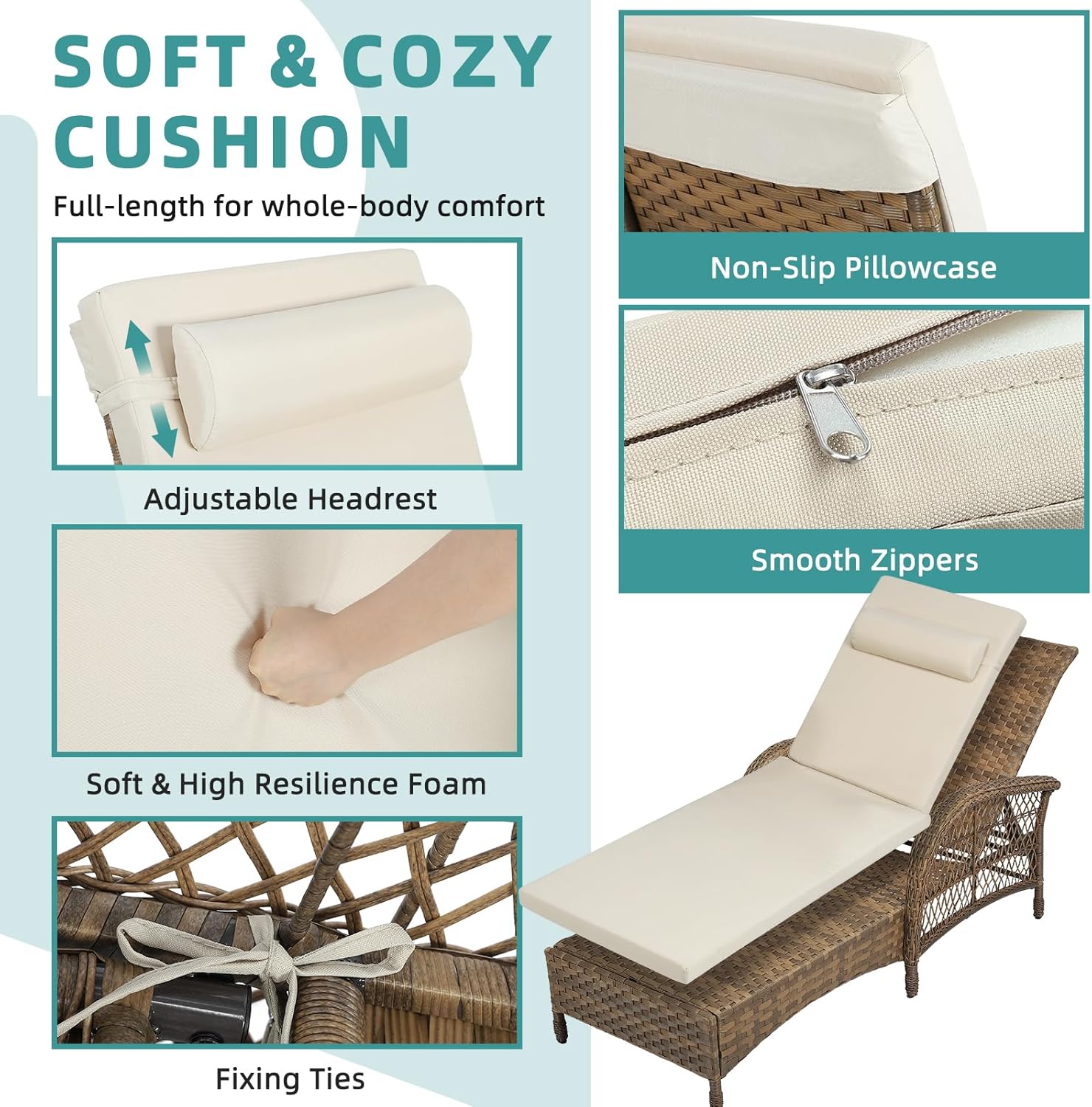 MEETWARM 3 Piece Outdoor Wicker Chaise Lounge Chair Set - Patio Lounge Chairs Set of 2 with Side Table, 6 Position Adjustable Pool Reclining Sunbathing Chair with Cushion, Armrest & Headrest, Beige