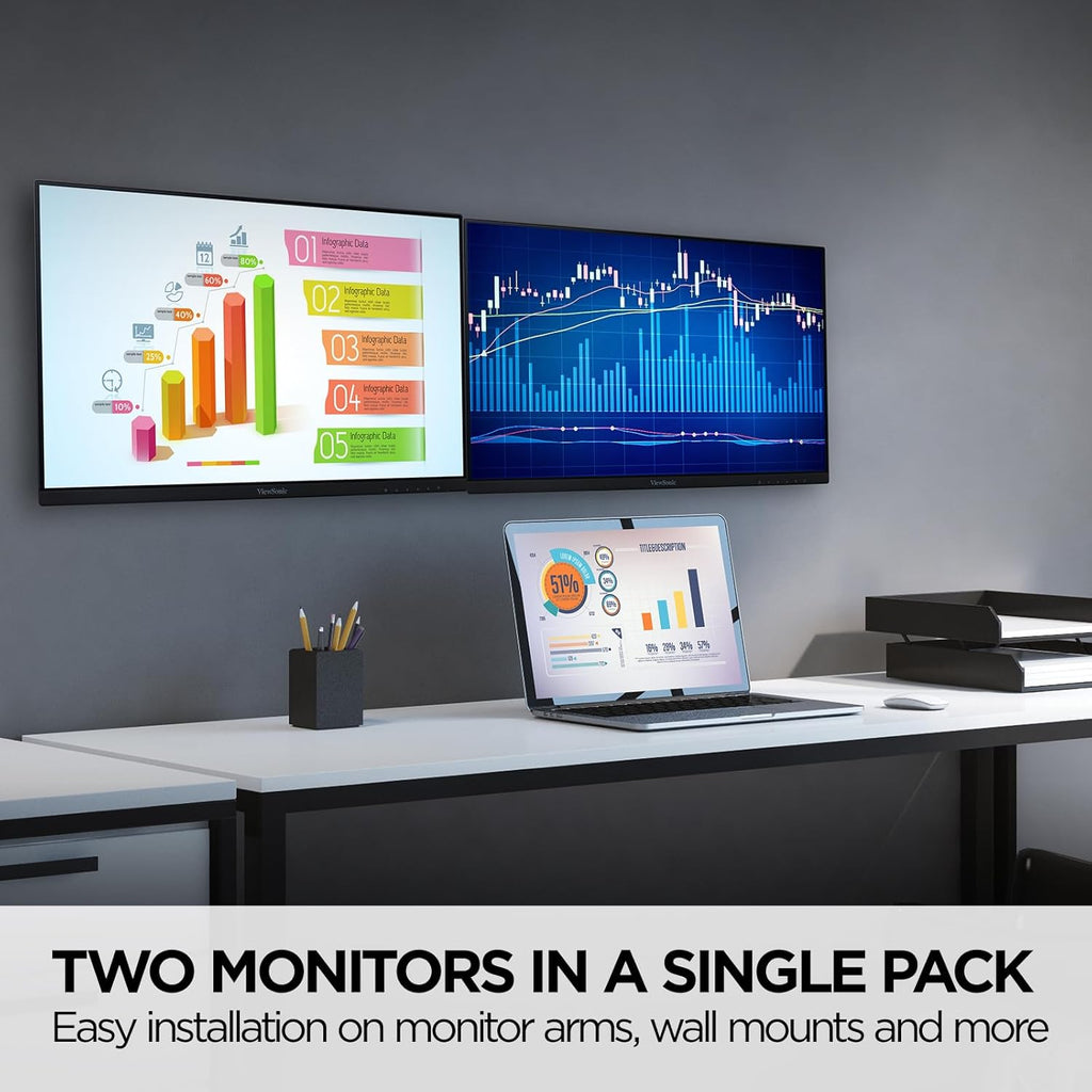 ViewSonic VA2456A-MHD_H2 Dual Monitor Pack Head-Only 1080p IPS Frameless Monitors with 120Hz, Eye Care, VESA Mountable, HDMI, DisplayPort, and VGA Inputs for Home and Office (Renewed)