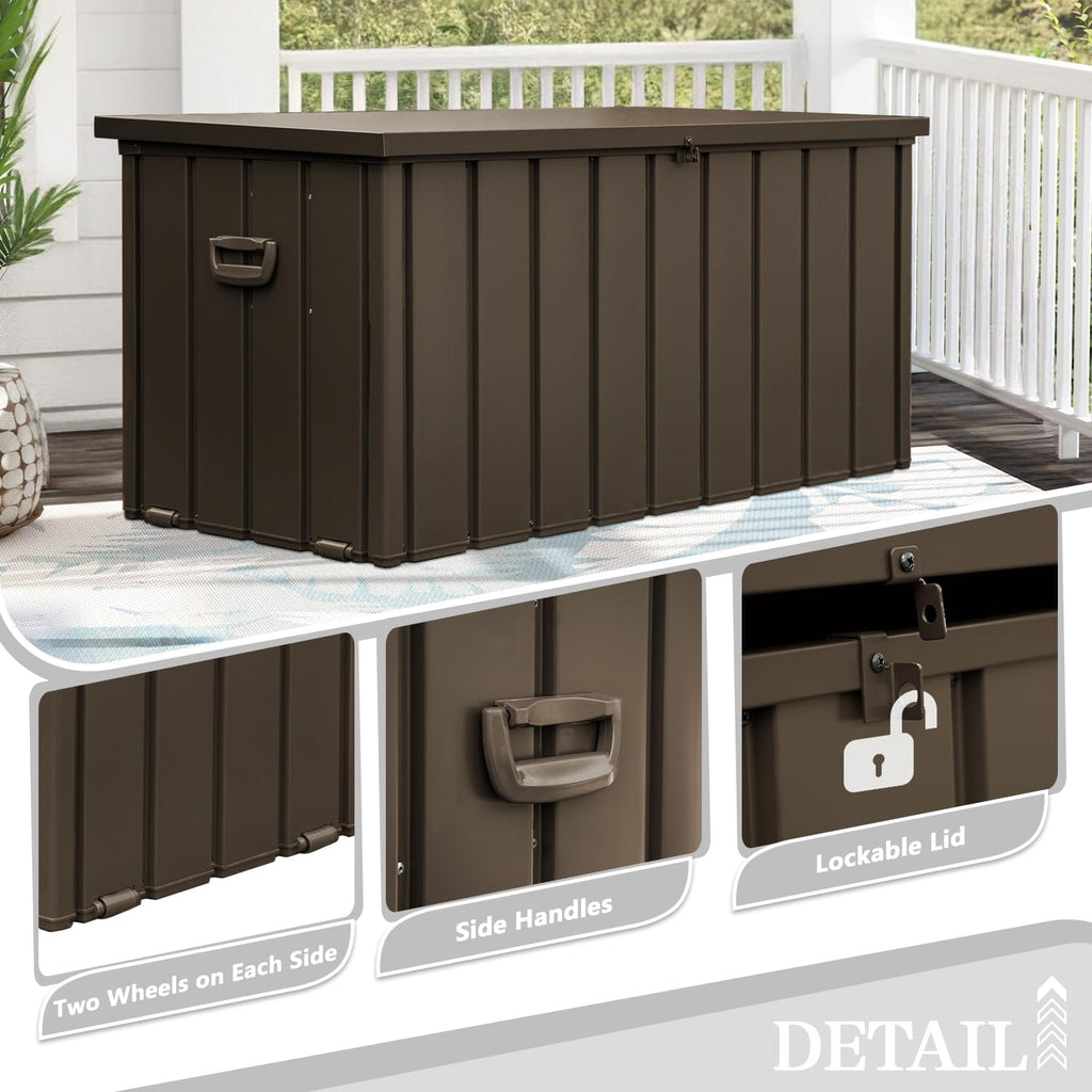 Domi 100 Gallon Deck Box, Metal Outdoor Storage Box with Lock Wheels, Waterproof Outside Storage Box for Patio Cushions