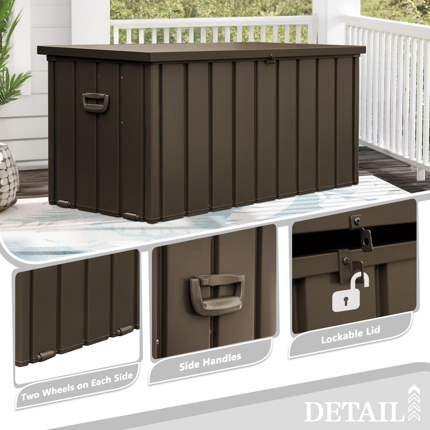 Domi 100 Gallon Deck Box, Metal Outdoor Storage Box with Lock Wheels, Waterproof Outside Storage Box for Patio Cushions