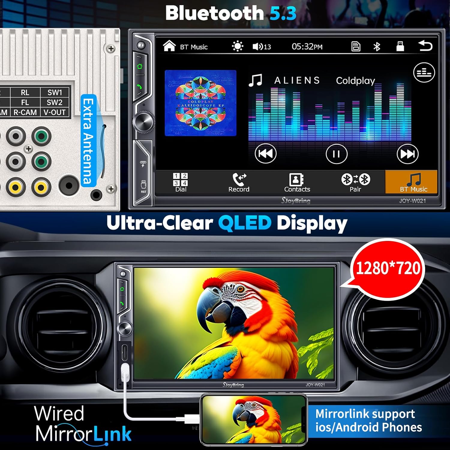 QLED Screen Upgrade 7" Double Din Car Stereo with Wireless Apple CarPlay and Android Auto, 240W Powerful Sound, 4.2-Channel Audio Output, Bluetooth, MirrorLink, Backup Camera, AM/FM Car Radio