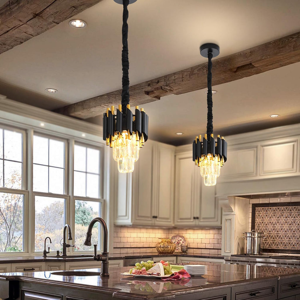 Modern Black Crystal Chandelier 2-Tier Round Pendant Lighting Light Fixture Chandelier for Kitchen Island Entryway Bathroom BedHead Bedroom