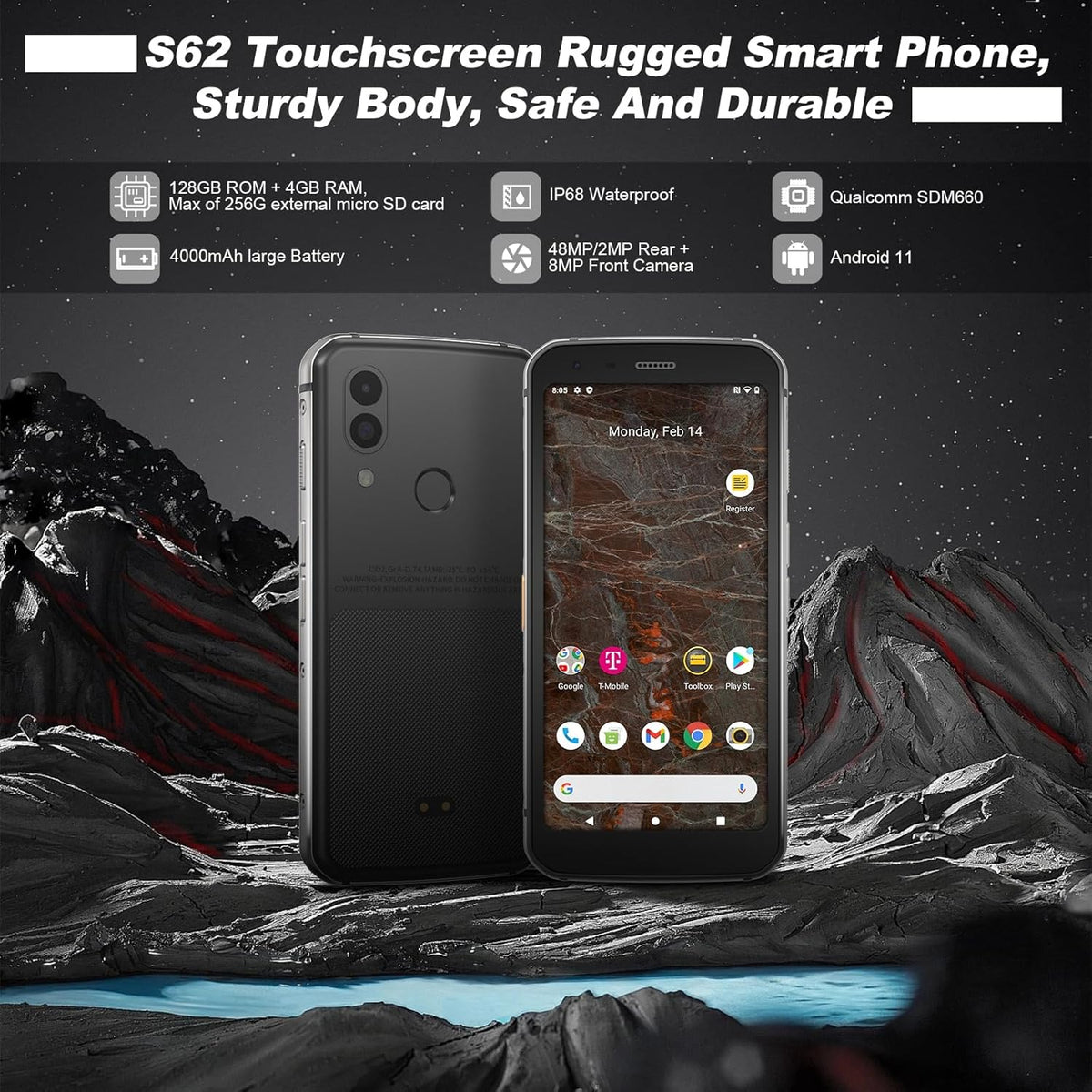 Unifone S62 Unlocked Rugged Cell Phone (128GB, 4GB) 5.7" IP68 Waterproof Android Smartphone, 12MP Dual Camera, All Day Battery, NFC, Fingerprint Unlock, Snapdragon 660 Nano Slot(Black)