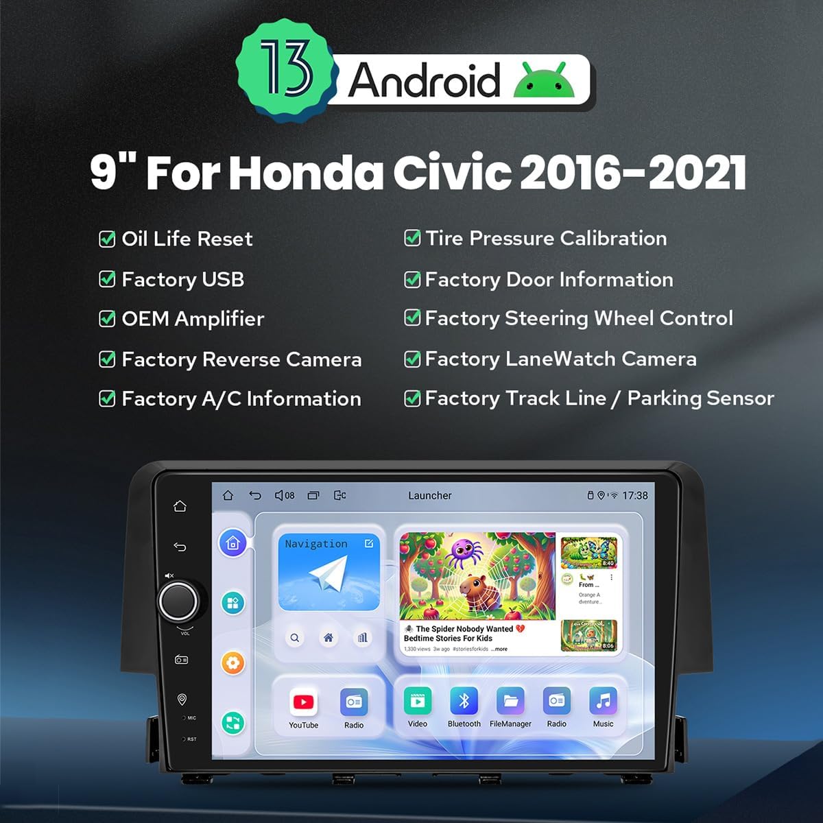JOYING Car Radio for Honda Civic 2016-2021 Android 13 Car Stereo 9 Inch Head Unit with Carplay & Android Auto, Mirror Link, GPS Navigation, Bluetooth 5.0, Volume Knob(JY-HT145N4)