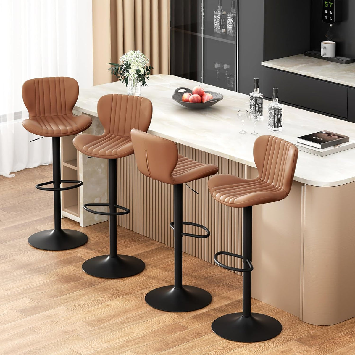 JAMFLY Bar Stools Set of 4, Leather Adjustable Barstools Counter Height Modern Bar Stools, Island Chairs Set of 4 for Kitchen, Brown