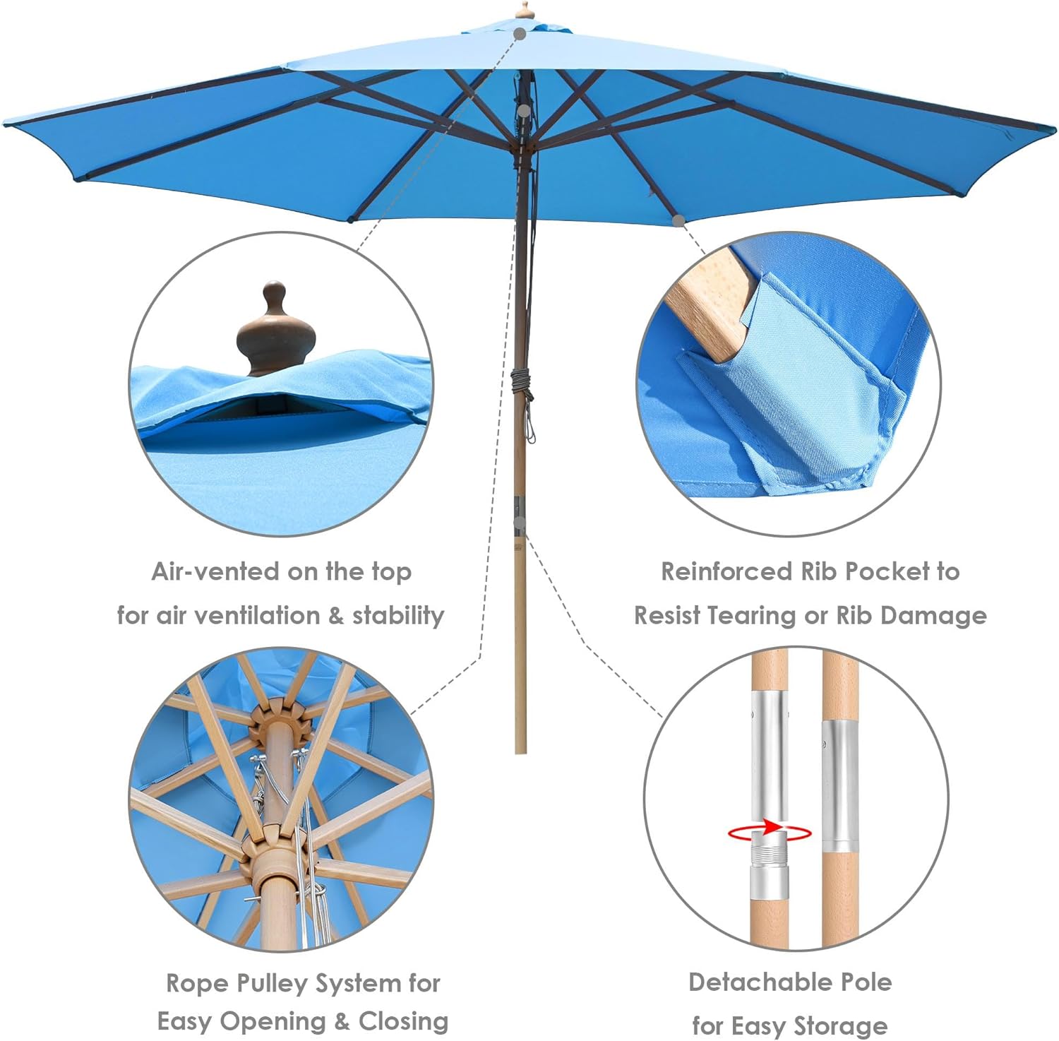 Yescom 13ft Coastal Solid Beech Wood Umbrella Pulley Lift Commercial Base with Wheel Included for Beach Club Seaside Restaurant Terrace Resort Poolside