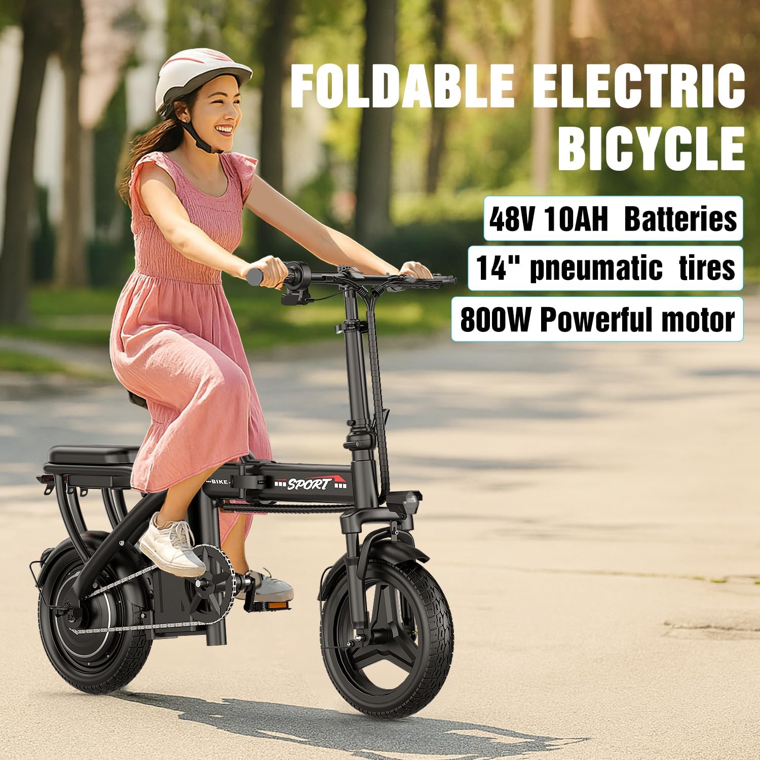 Electric Bike for Adults Teens, 800/1200W Peak Folding Ebike, 22/25MPH & 30/45 Miles Range, 14" Commuting Ebike with Dual Suspension & Dual Brake, 3-Speed Modes, Portable Electric Mini Bike