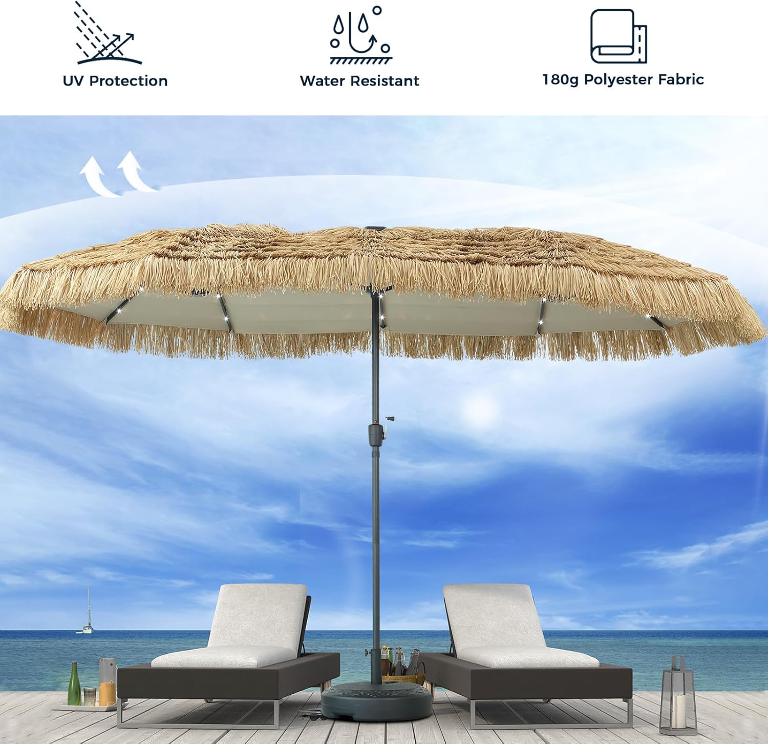 GDY 13/15 FT Tiki Outdoor Umbrella Patio Table Umbrella(Optional with Light or Base), Market Umbrella, with Crank for Garden, Lawn, Deck, Backyard & Pool