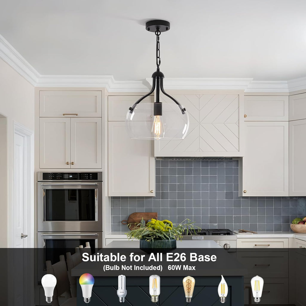 1-Lights Modern Pendant Lights Kitchen Island, Matte Black Pendant Light Fixtures with 11.8" Clear Glass Shade, Industrial Hanging Chandelier for Kitchen Entryway Bedroom Foyer
