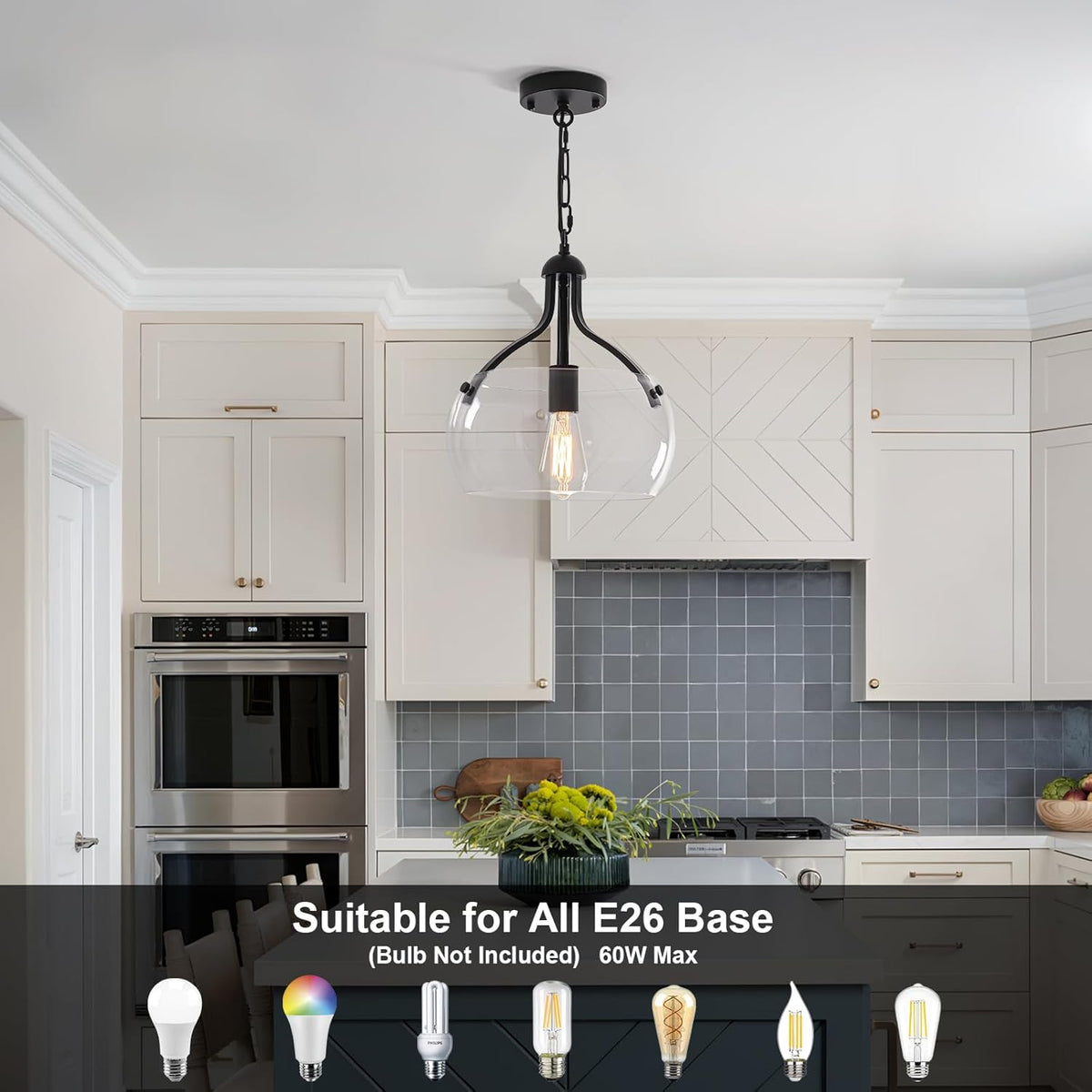 1-Lights Modern Pendant Lights Kitchen Island, Matte Black Pendant Light Fixtures with 11.8" Clear Glass Shade, Industrial Hanging Chandelier for Kitchen Entryway Bedroom Foyer