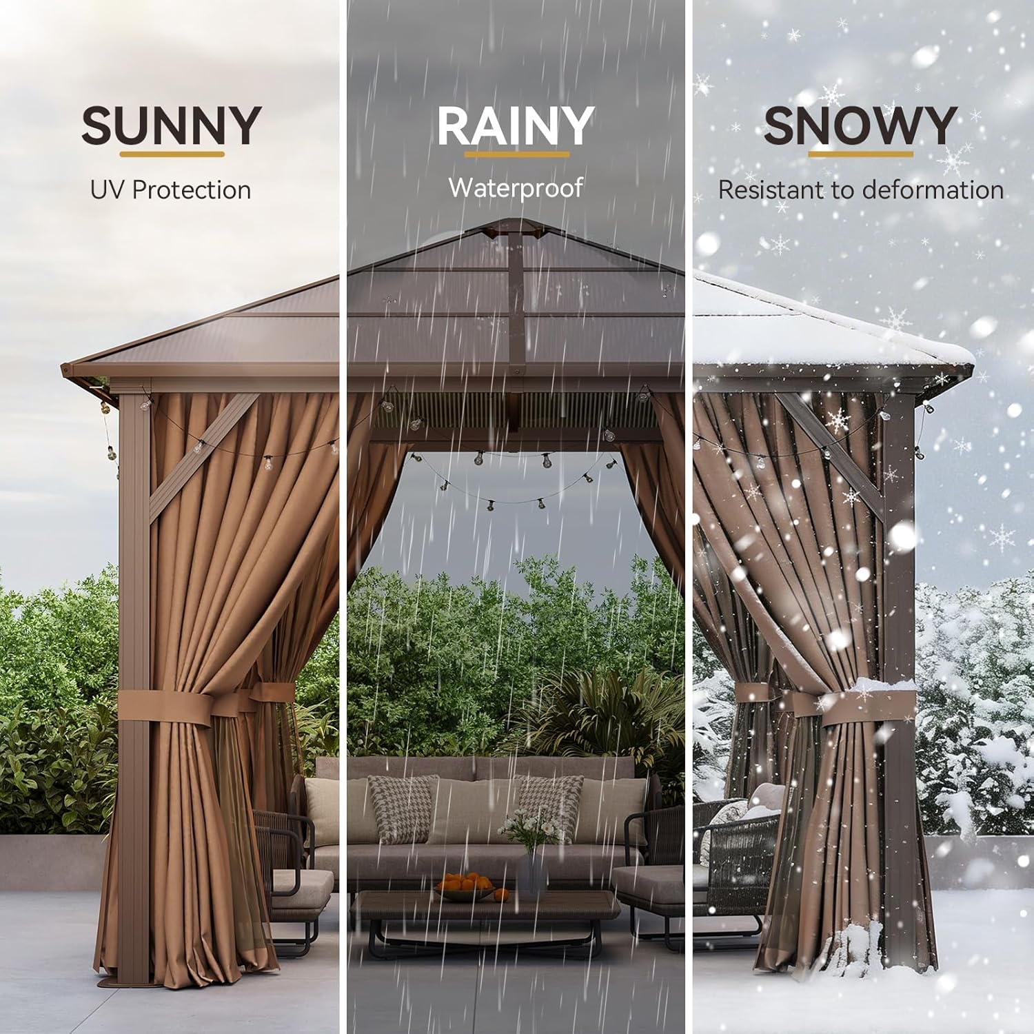 Aoxun 10'x10' Hardtop Gazebo, Outdoor Metal Gazebo with Polycarbonate Roof Canopy, Permanent Pavilion with Netting and Curtains for Lawn, Garden, Patio (Khaki, Single Roof)