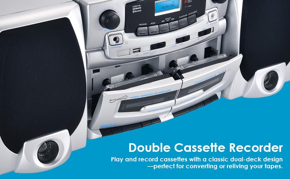 Supersonic SC-2121BT Bluetooth Entertainment Audio System, Bluetooth 5.0, op Loading MP3/CD Player, AM/FM Radio, USB Input, Double Cassette Recorder, High-Performance Detachable Speakers, AC/DC