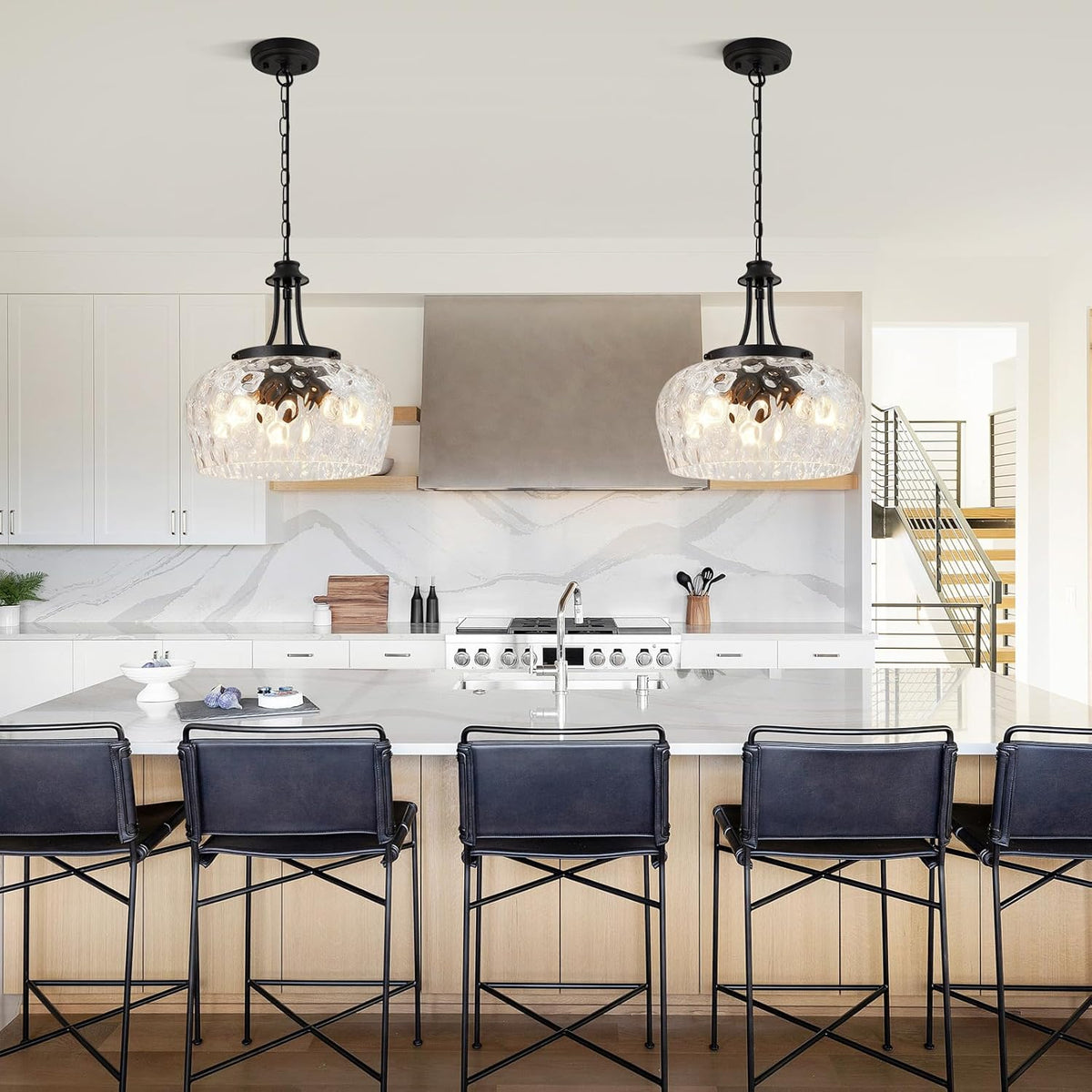 Modern Pendant Lights Kitchen Island, 3-Light Black Pendant Light Fixtures with 14.2" Clear Hammered Glass Shade, Industrial Hanging Pendant Lights Fixture for Kitchen Island, Dining Room, Entryway